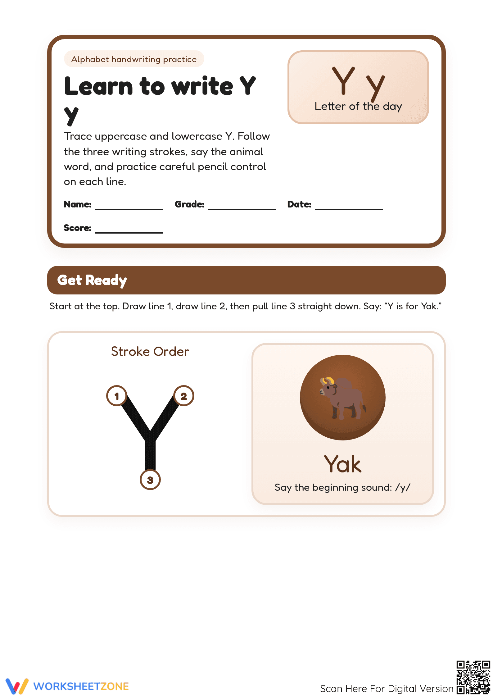 Learn to Write Letter Y: Essential Grade K-1 Handwriting - Page 1