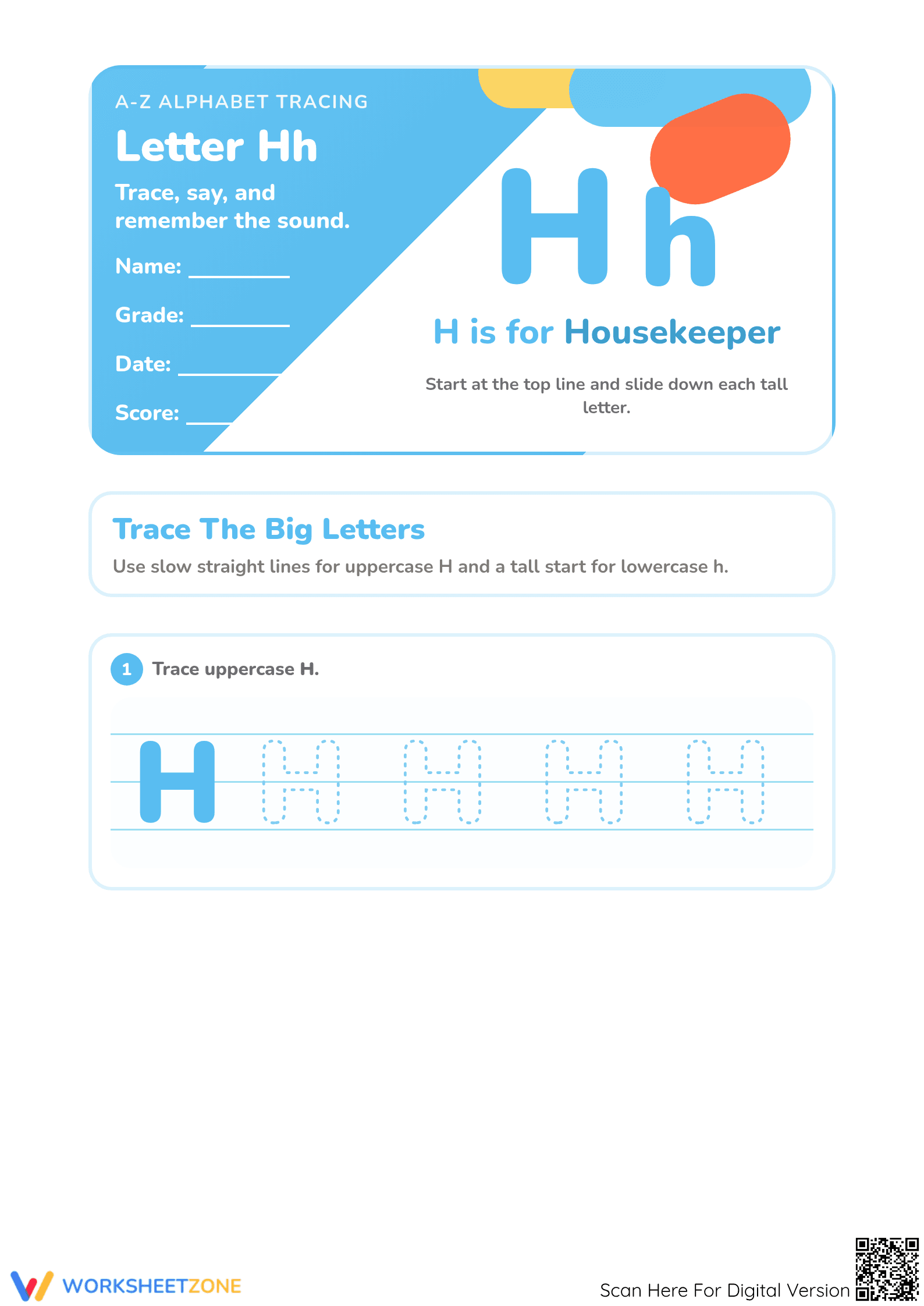 Printable Letter H Tracing Worksheet | Kindergarten ELA - Page 1