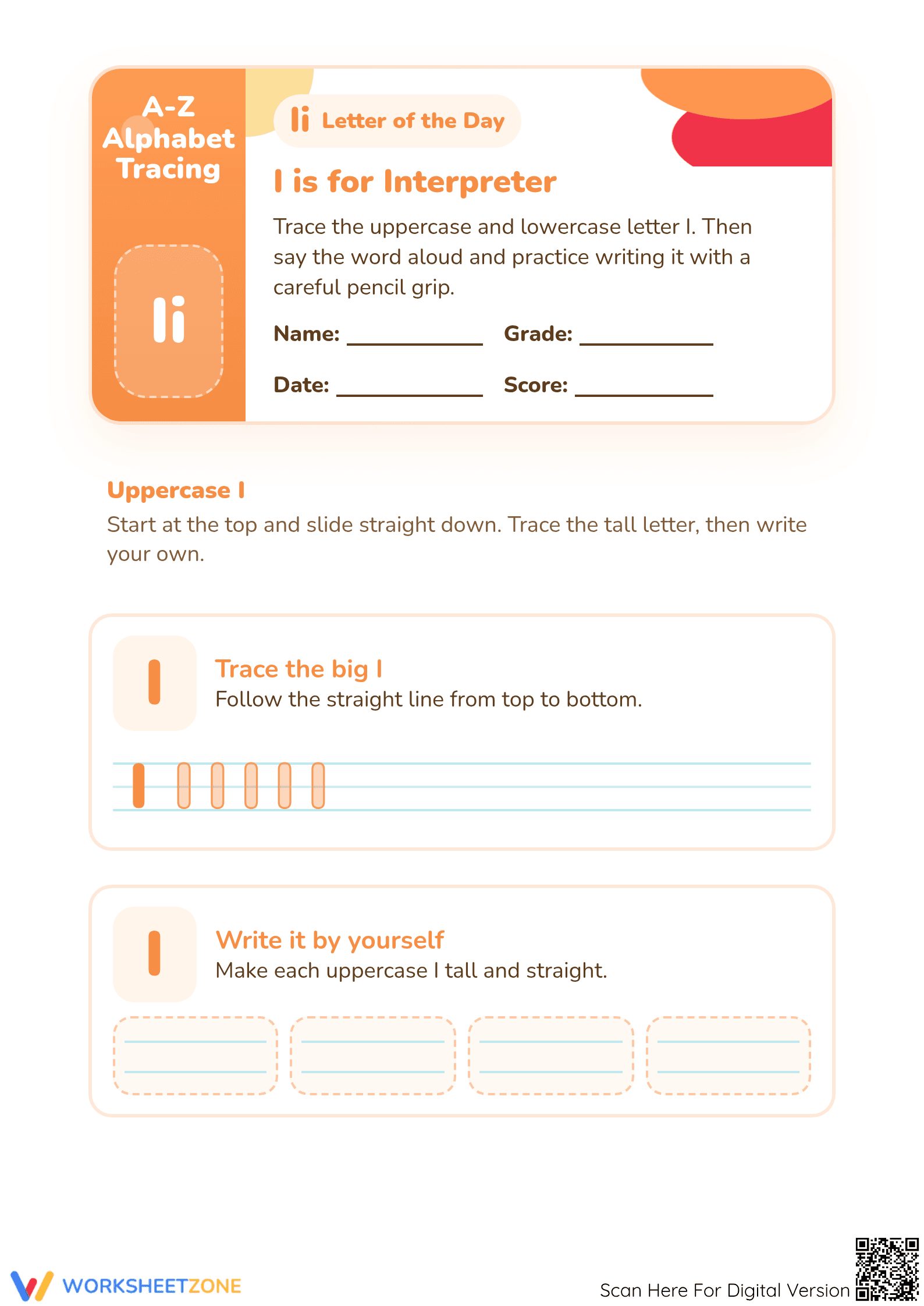 Letter I Tracing Worksheet | Essential Grade K Alphabet - Page 1