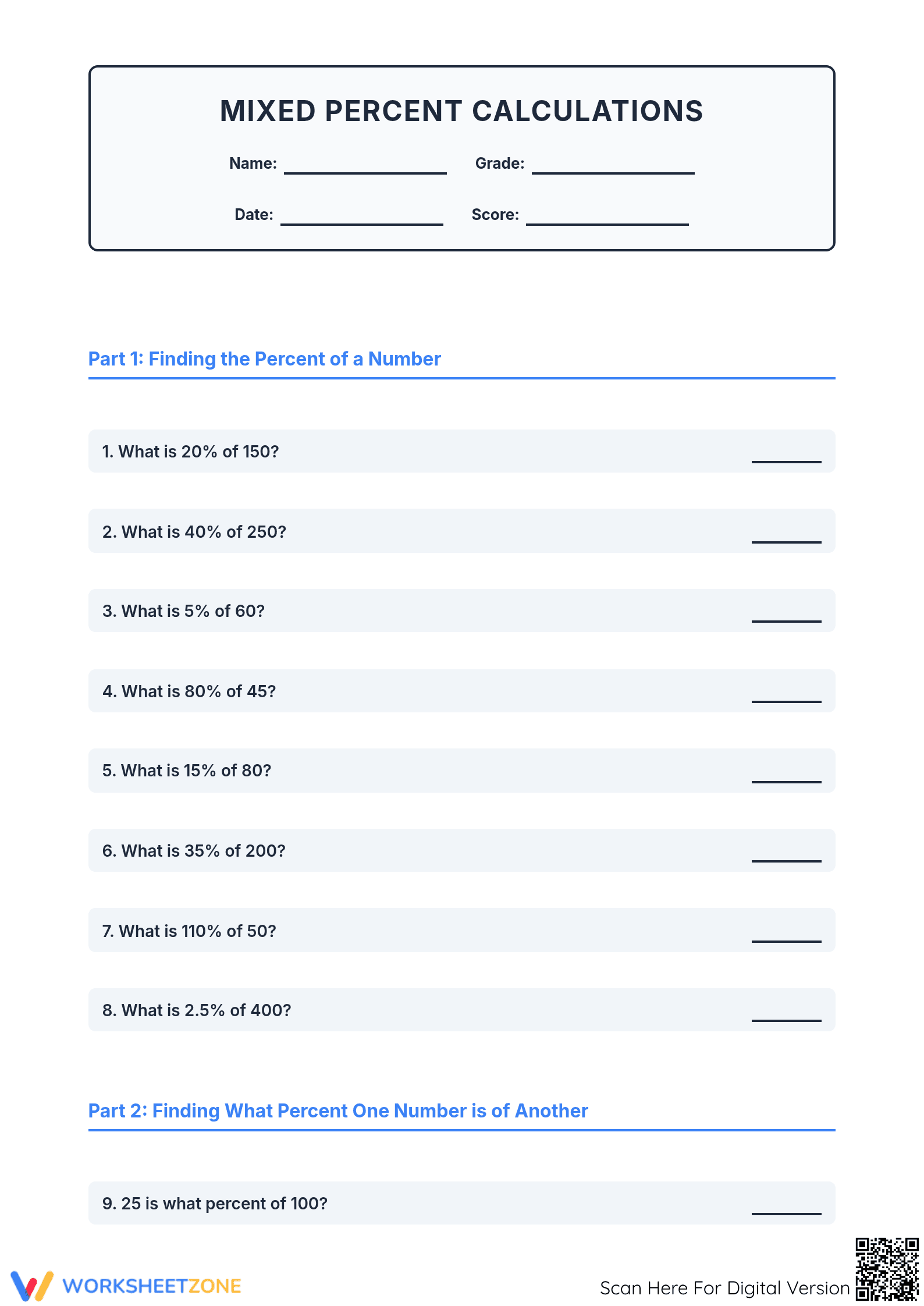 Essential Mixed Percent Calculations Worksheet | Grade 6-8 - Page 1