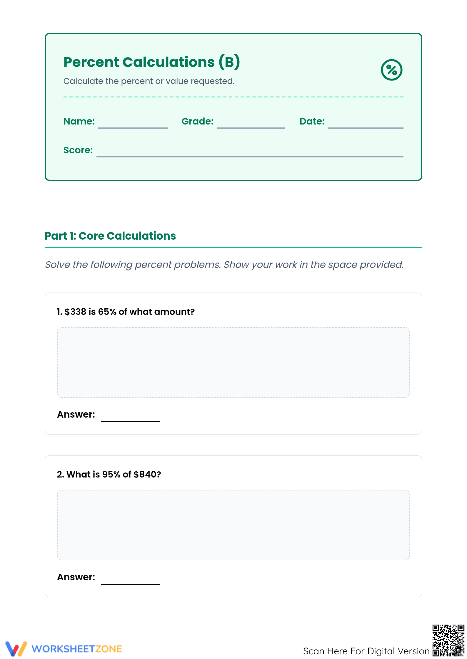 Essential Mixed Percent Calculations Worksheet | Grade 7 - Page 1