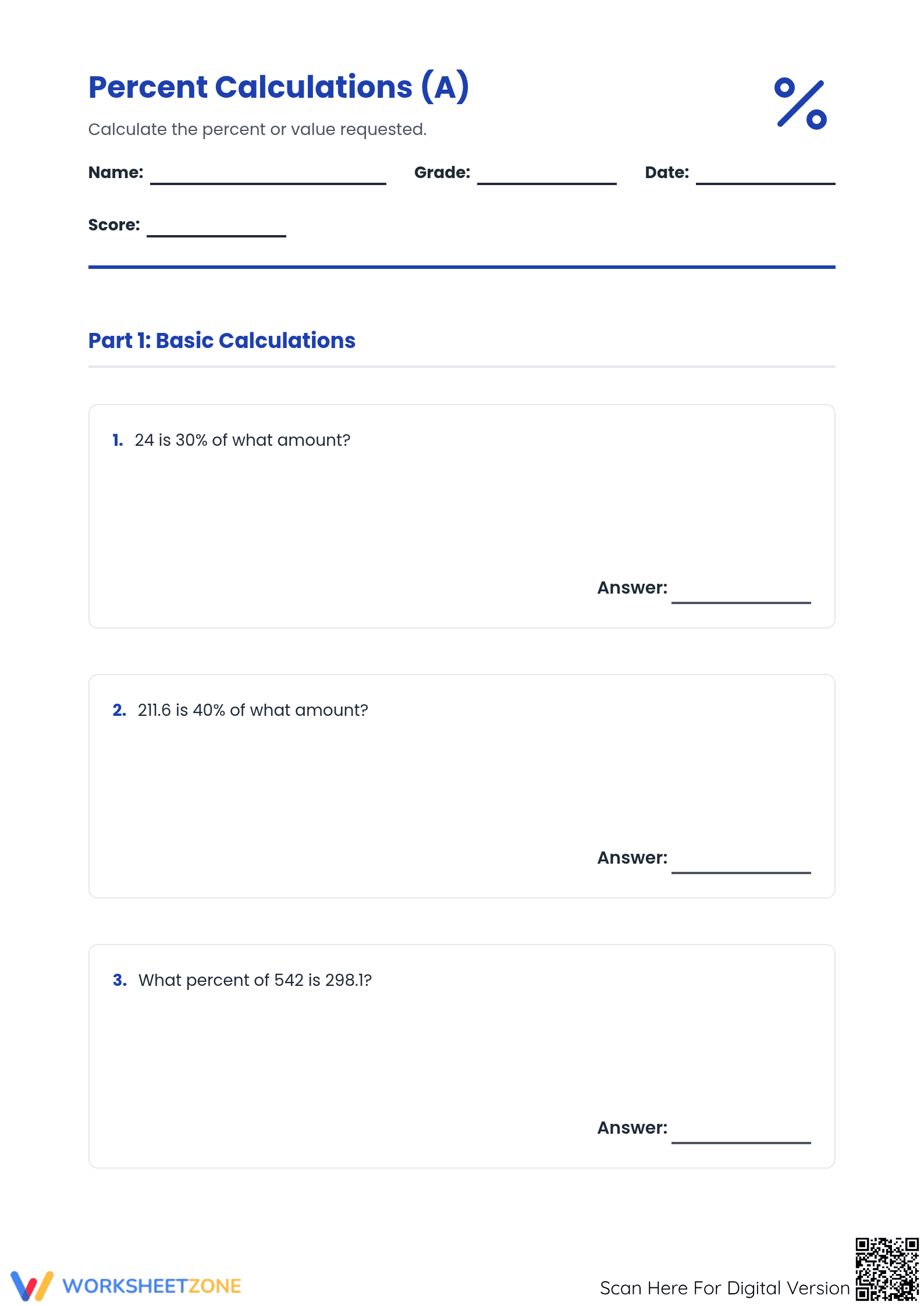 Essential Percent Calculations Worksheet | Grades 6-8 Math - Page 1
