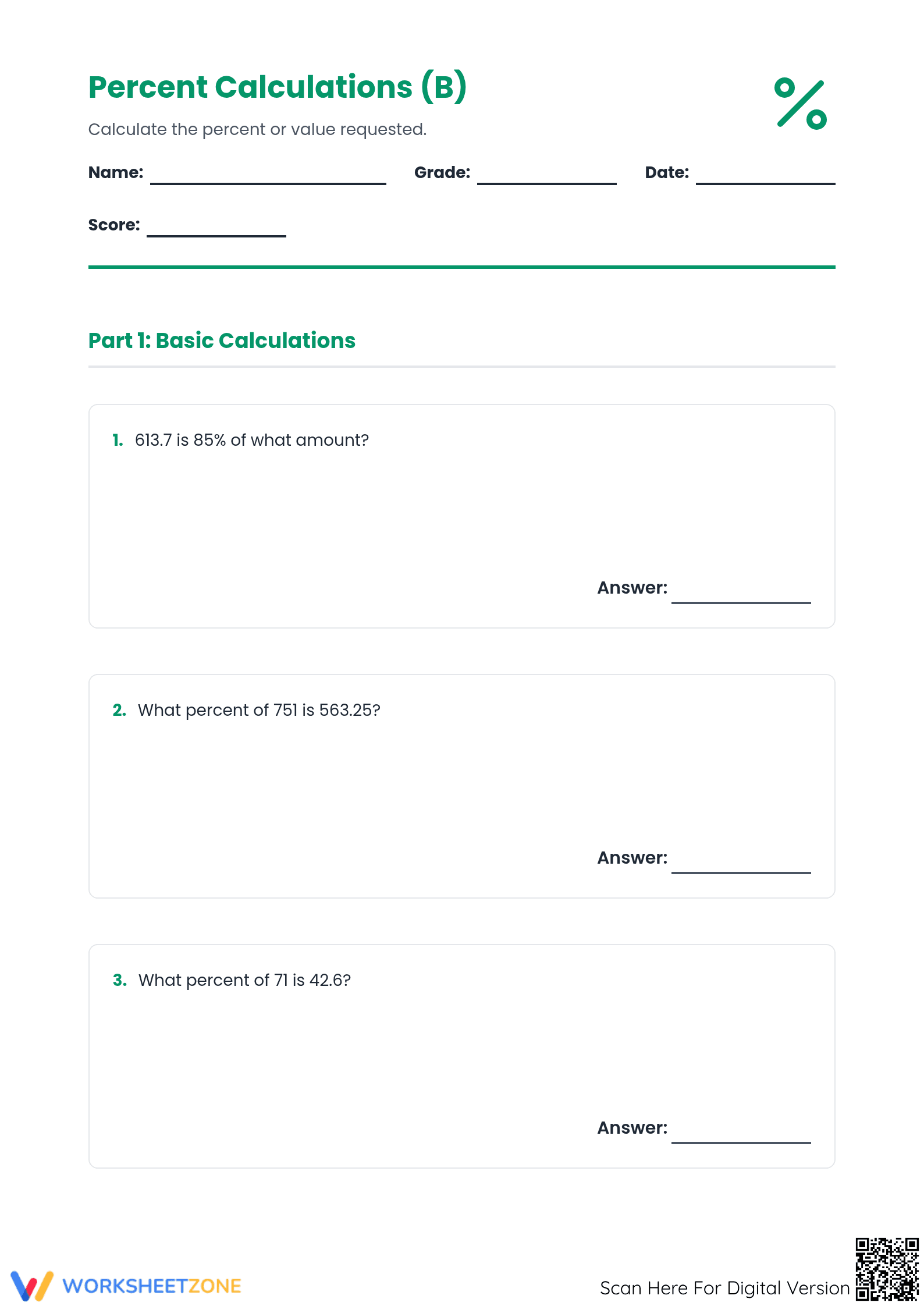 Essential Percent Calculations Worksheet | Grades 6-8 - Page 1