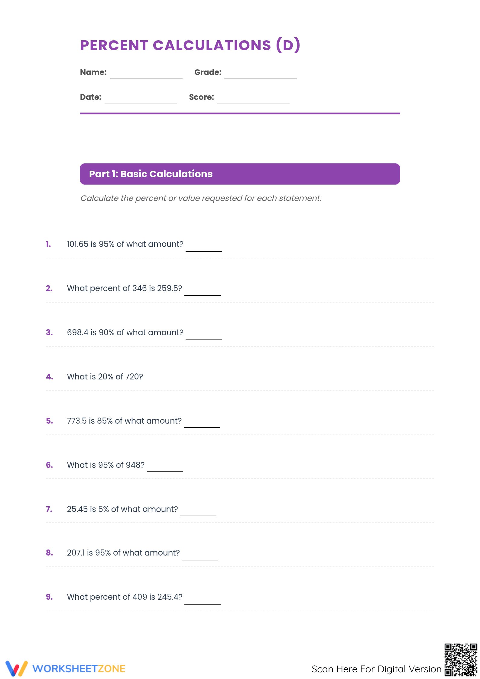 Essential Percent Calculations Worksheet | Grade 7 Math - Page 1