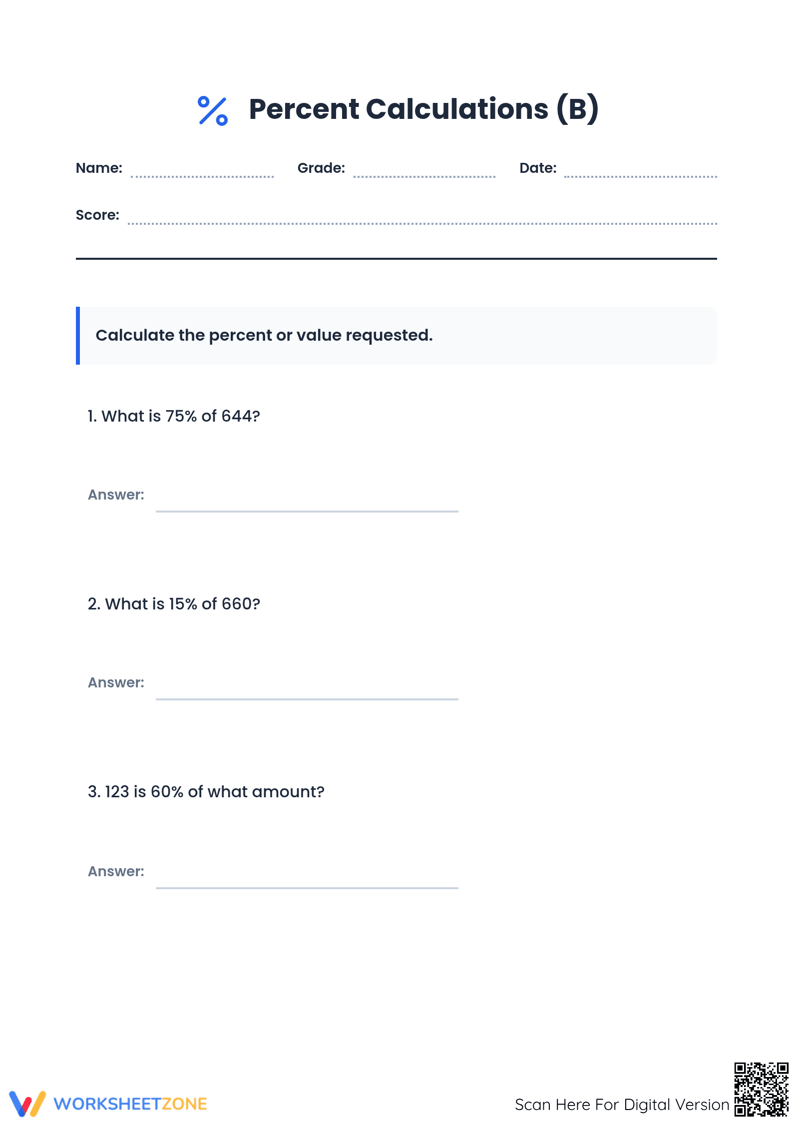 Essential Mixed Percent Calculations Worksheet | Grade 6-8 - Page 1