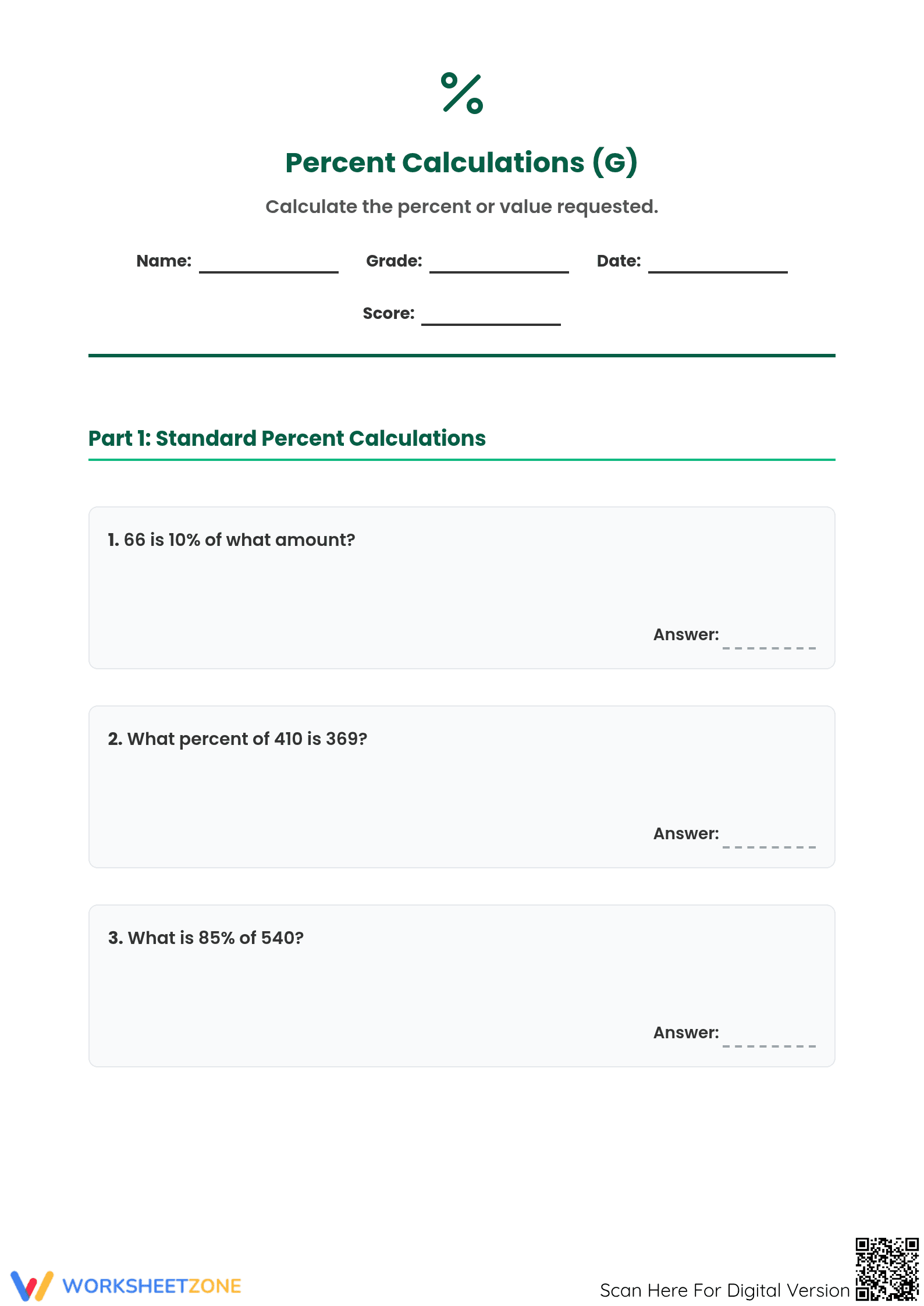 Mixed Percent Calculations Worksheet | Essential Math Grade 6 - Page 1