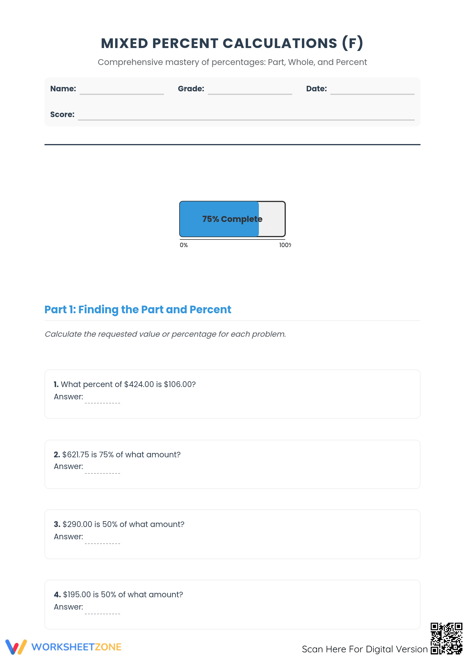 Essential Mixed Percent Calculations Worksheet | Grade 6-8 - Page 1