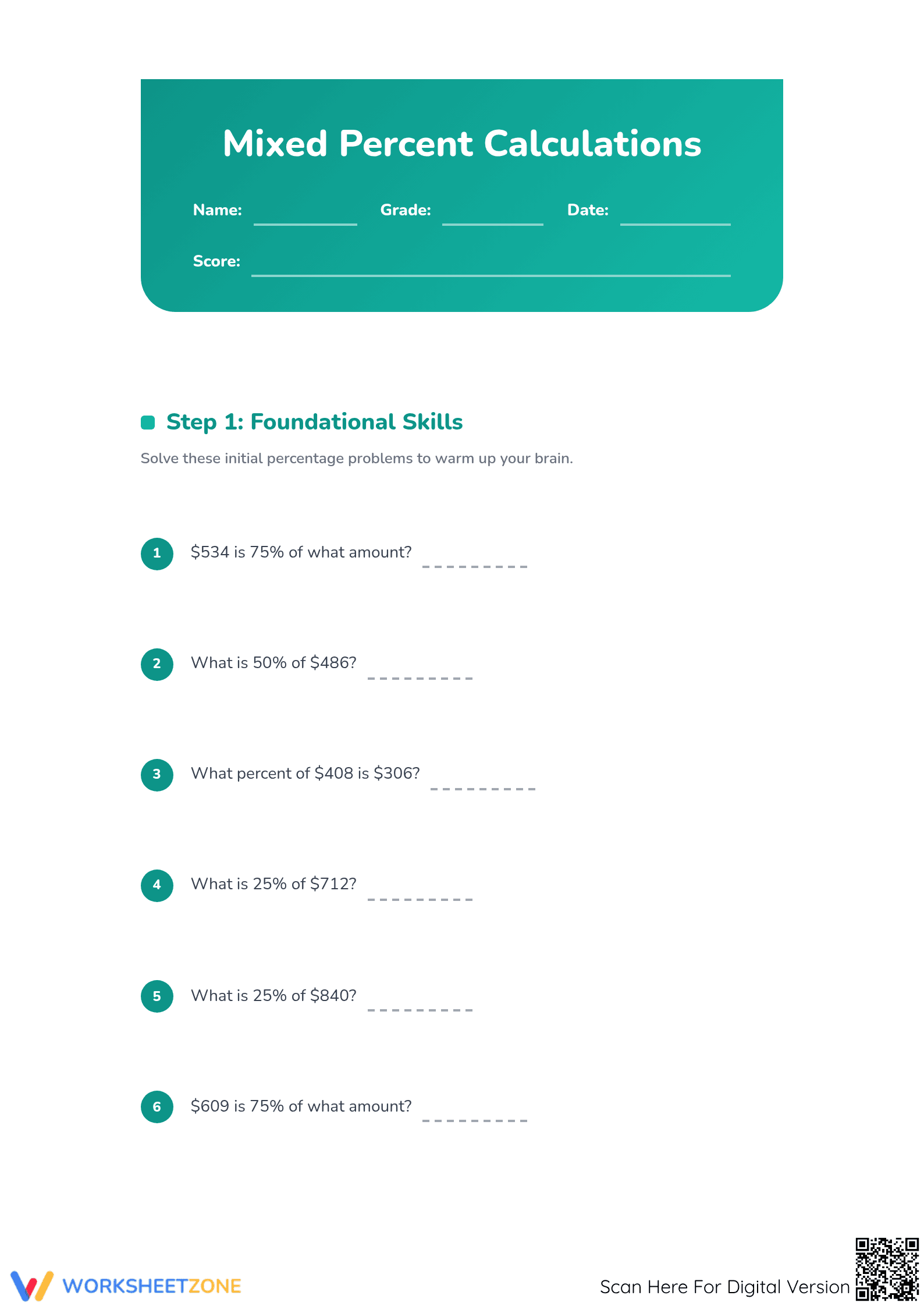 Essential Mixed Percent Calculations Worksheet (Grades 6-8) - Page 1