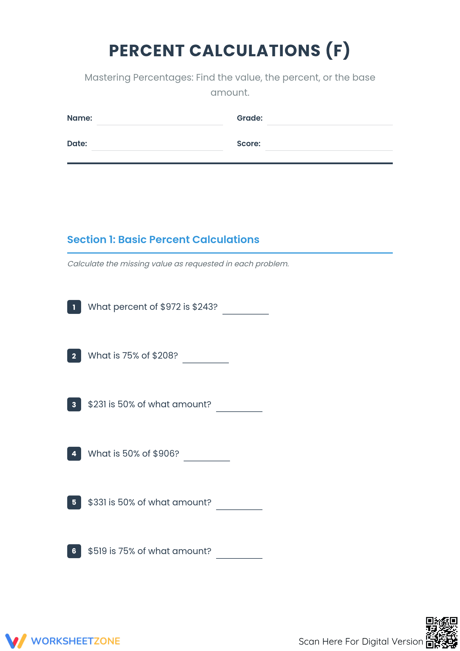 Essential Mixed Percent Calculations Worksheet | Grades 6-8 - Page 1