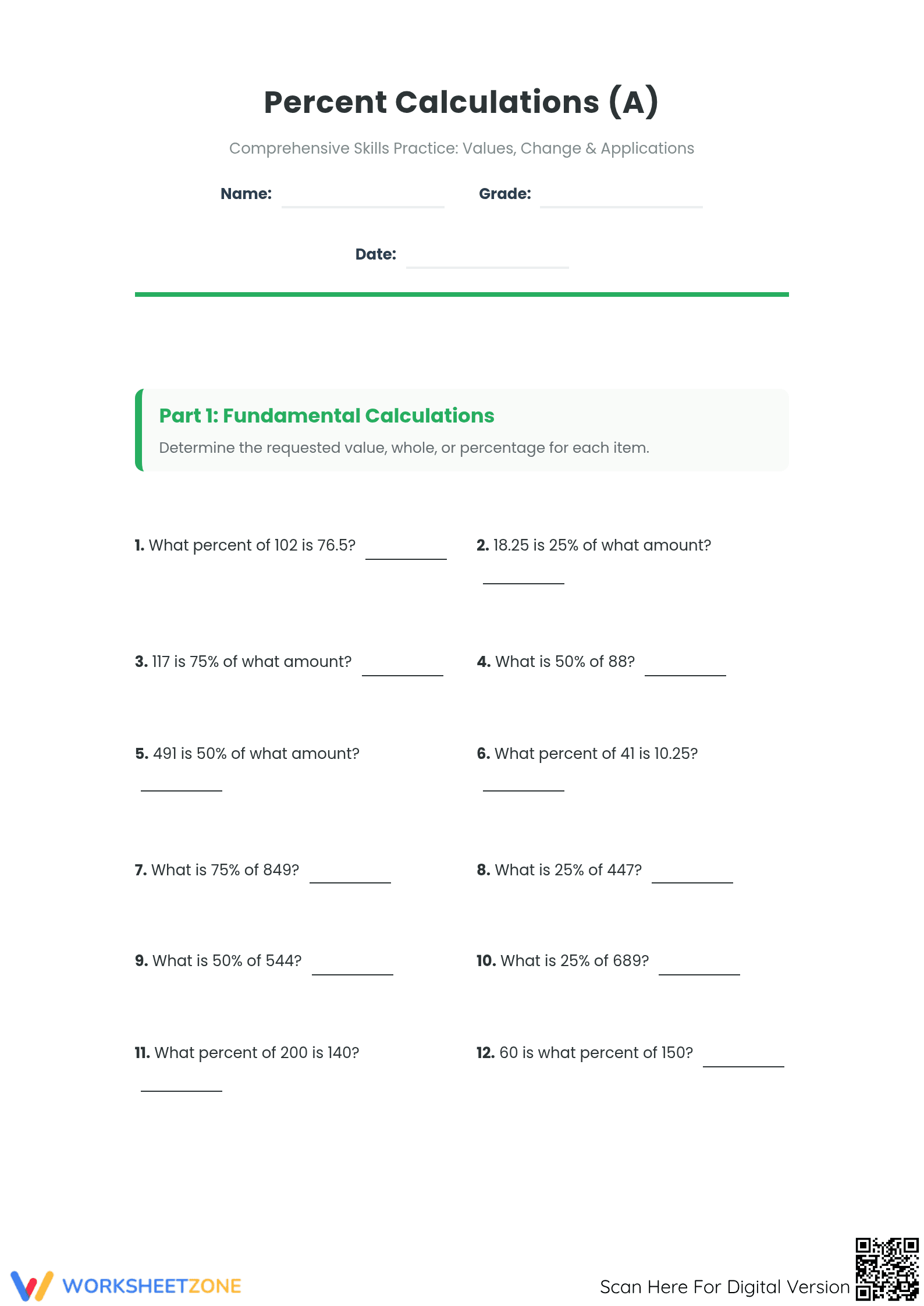 Printable Mixed Percent Calculations Worksheet | Grades 5-8 - Page 1