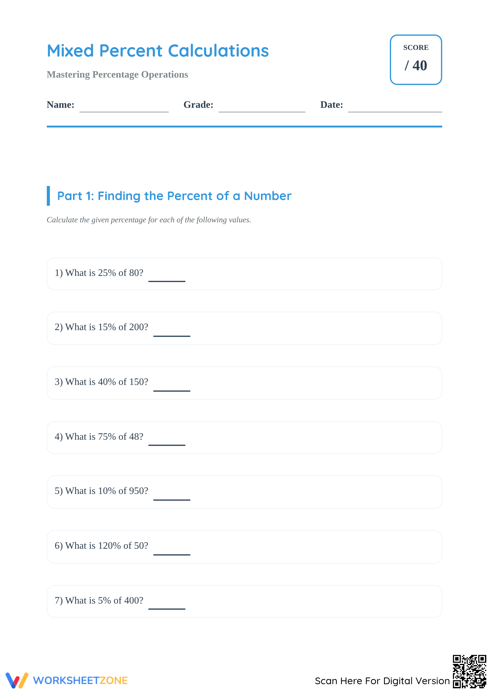 Mixed Percent Calculations Worksheet | Grade 6 Essential - Page 1