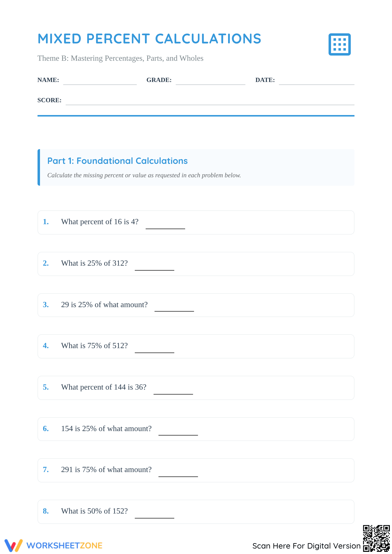 Mixed Percent Calculations Worksheet | Grade 6 Essential - Page 1