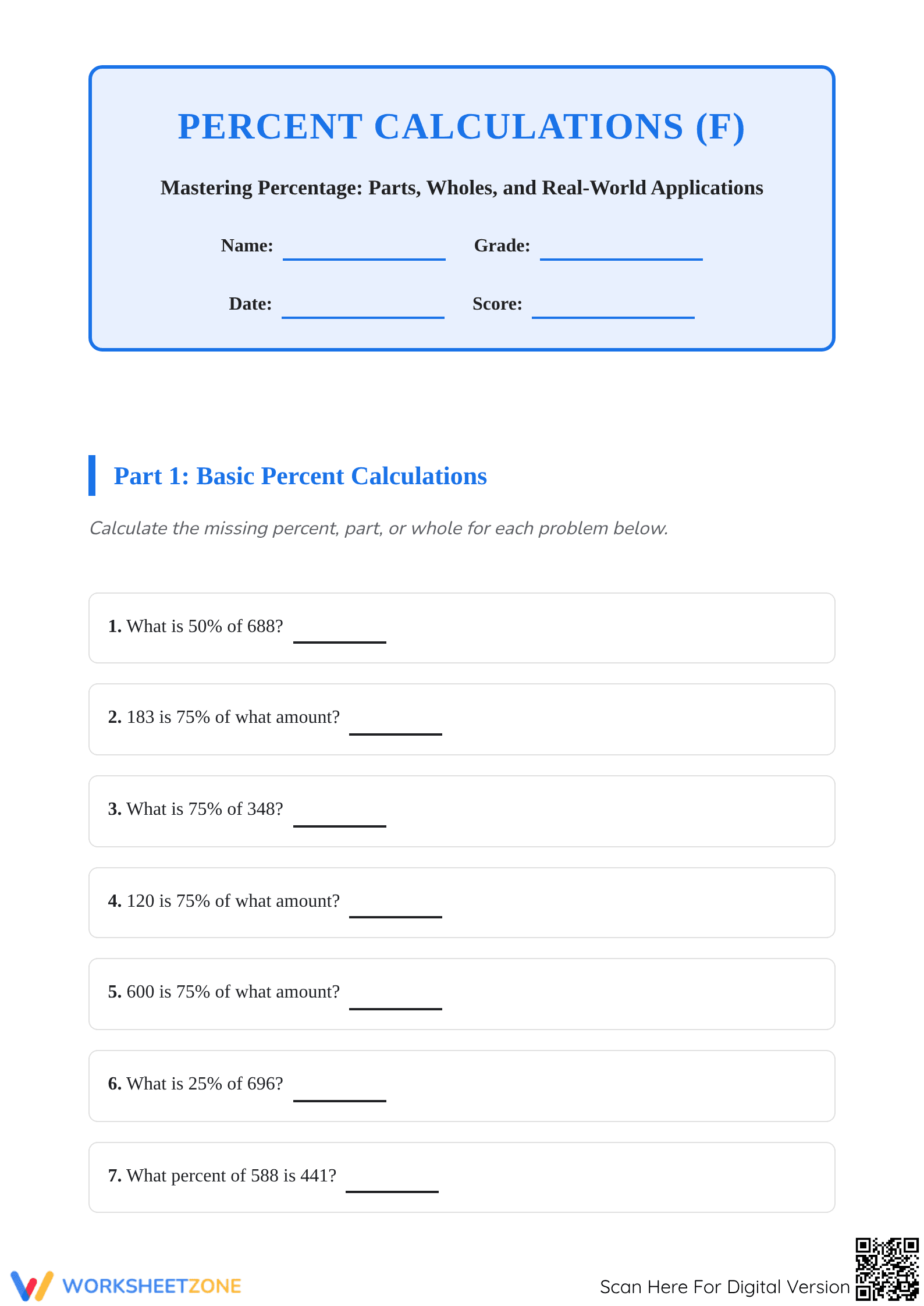 Essential Percent Calculations Worksheet | Grades 5-8 Math - Page 1