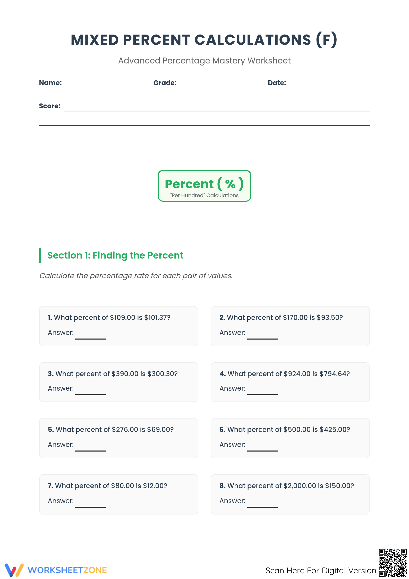 Complete Mixed Percent Calculations Worksheet | Grade 6-8 - Page 1