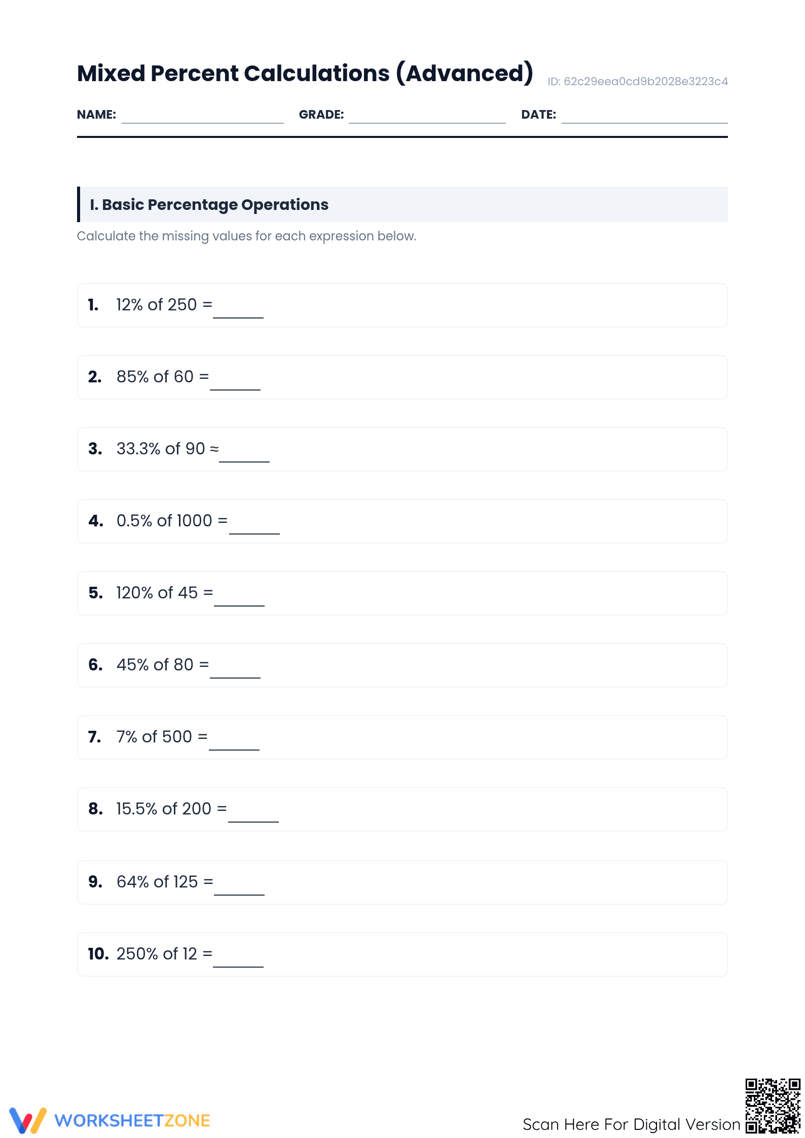 Essential Mixed Percent Calculations — Grades 6-8 Math - Page 1