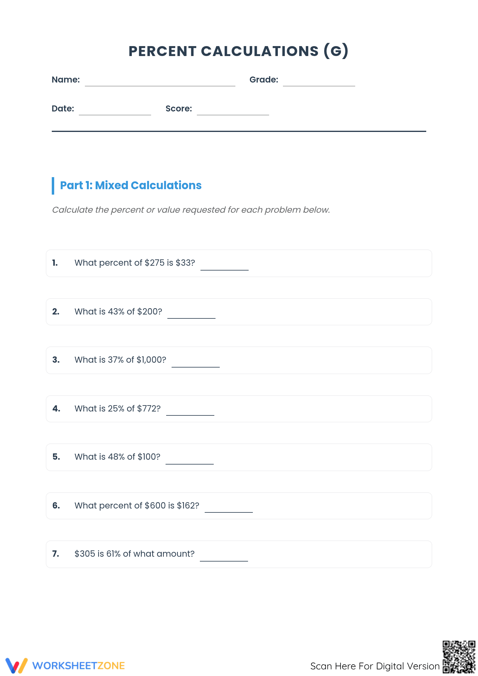 Essential Percent Calculations Worksheet | Grade 6 Math - Page 1