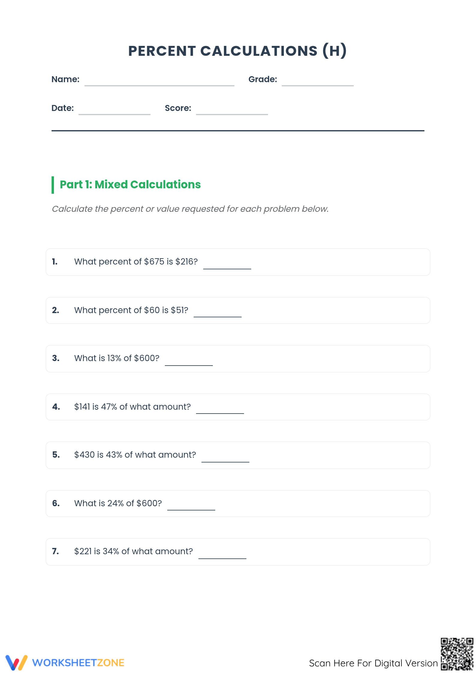 Mixed Percent Calculations - Essential Printable Worksheet - Page 1