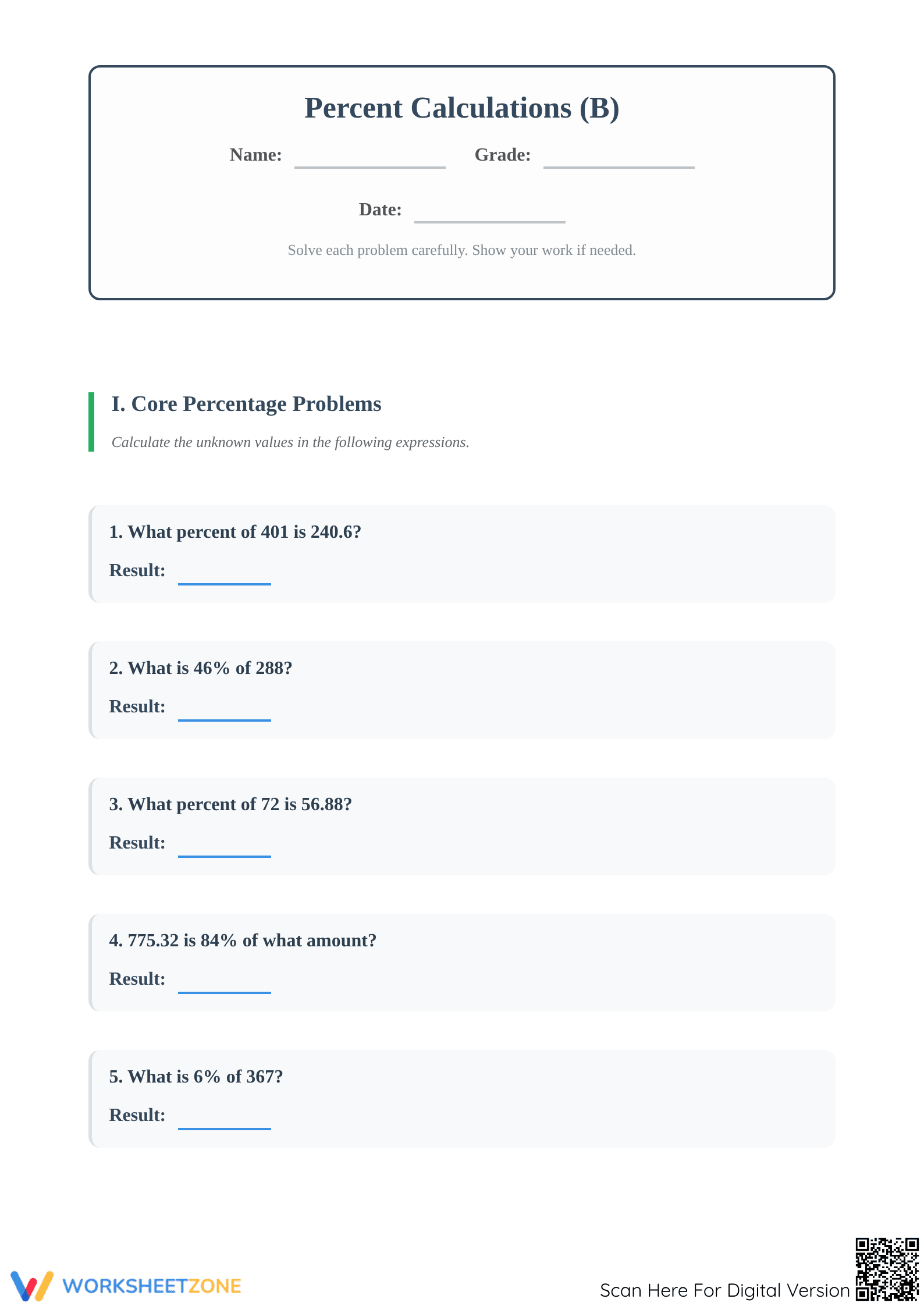 Mixed Percent Calculations Worksheet | Grade 6 Essential - Page 1