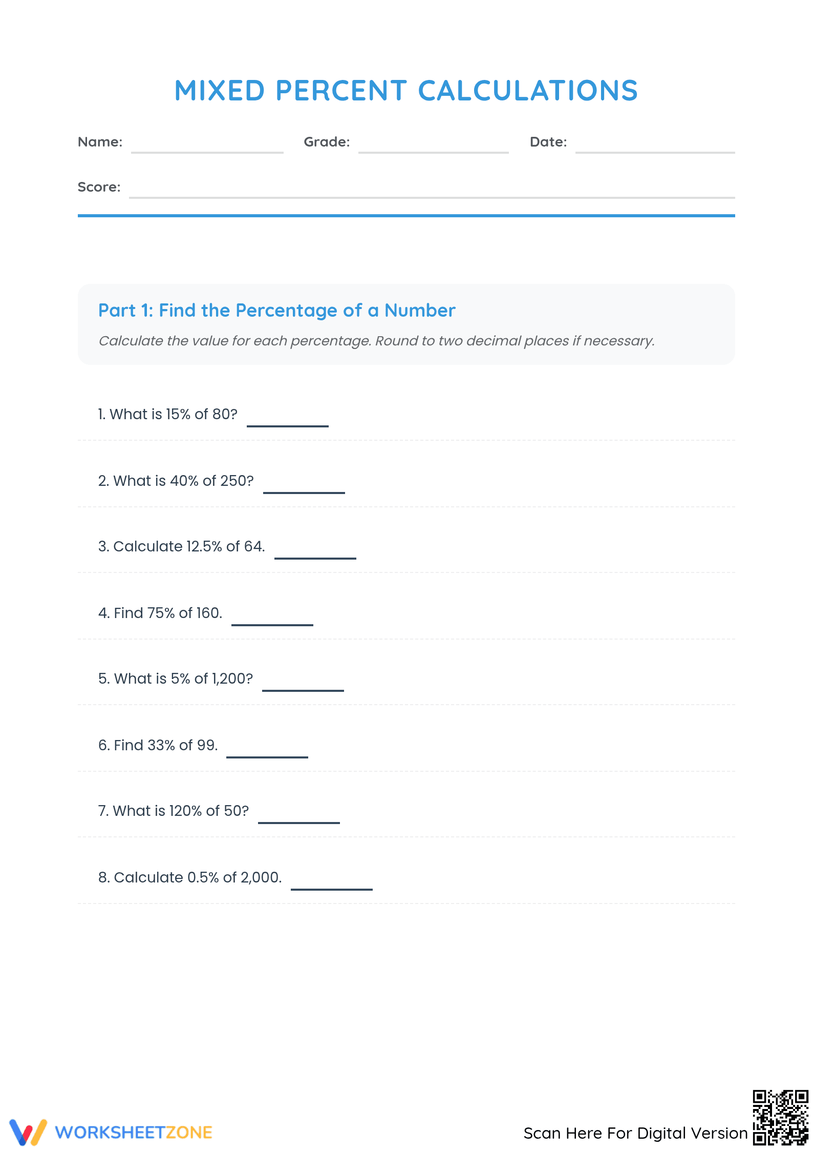 Printable Mixed Percent Calculations Worksheet | Grades 5-8 - Page 1