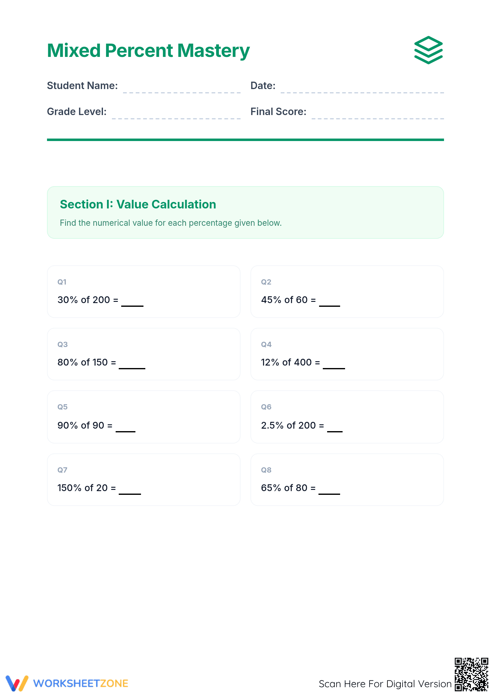 Printable Mixed Percent Mastery Worksheet | Grade 6 Math - Page 1
