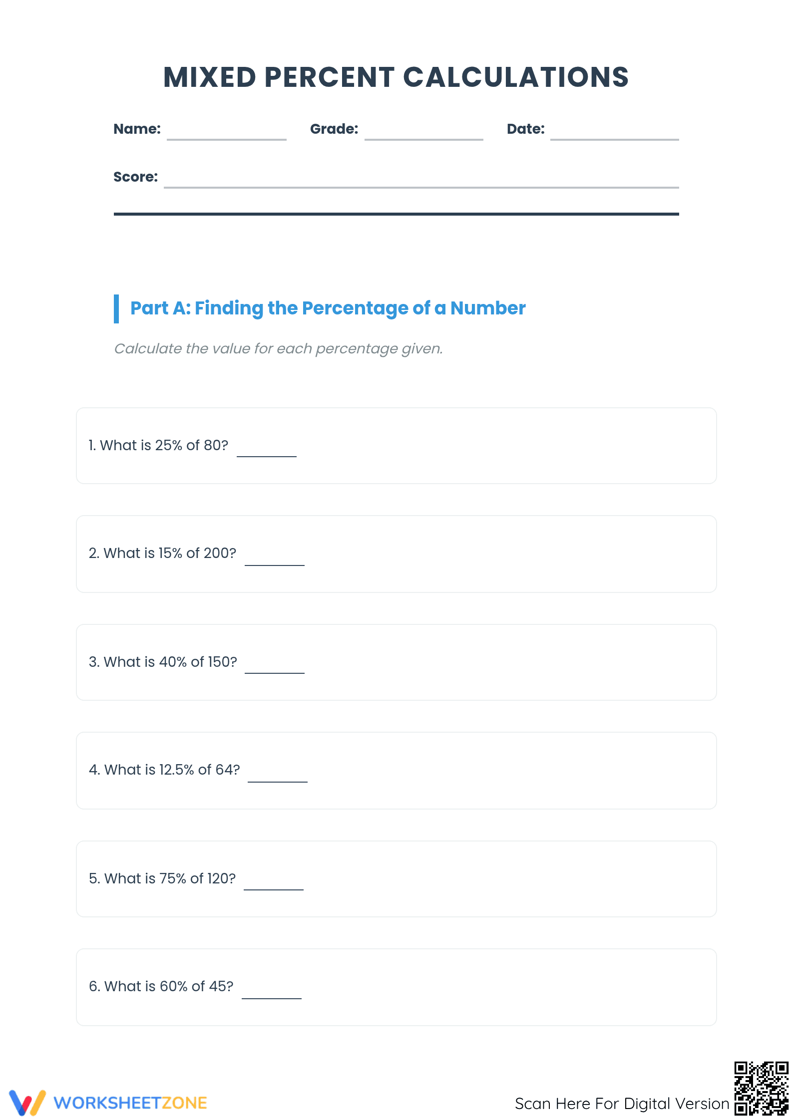 Essential Mixed Percent Calculations Worksheet | Grades 6-8 - Page 1