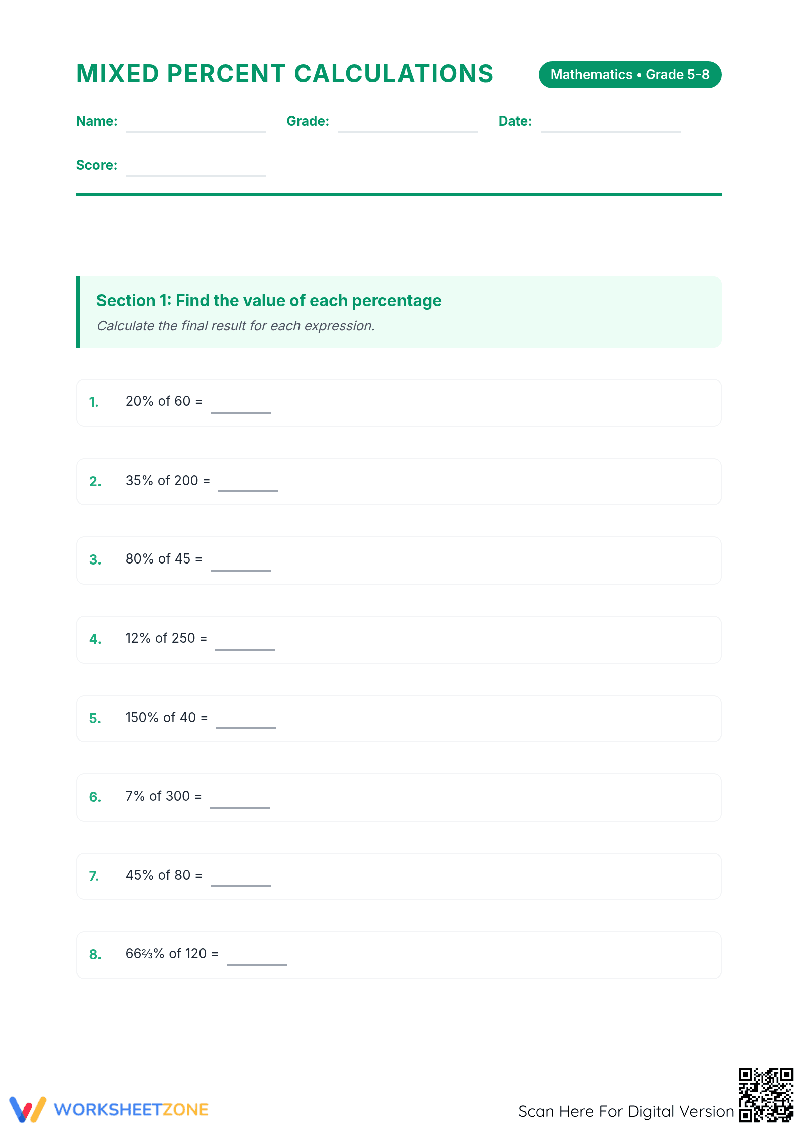 Mixed Percent Calculations Worksheet | Essential Grade 6-8 Math - Page 1