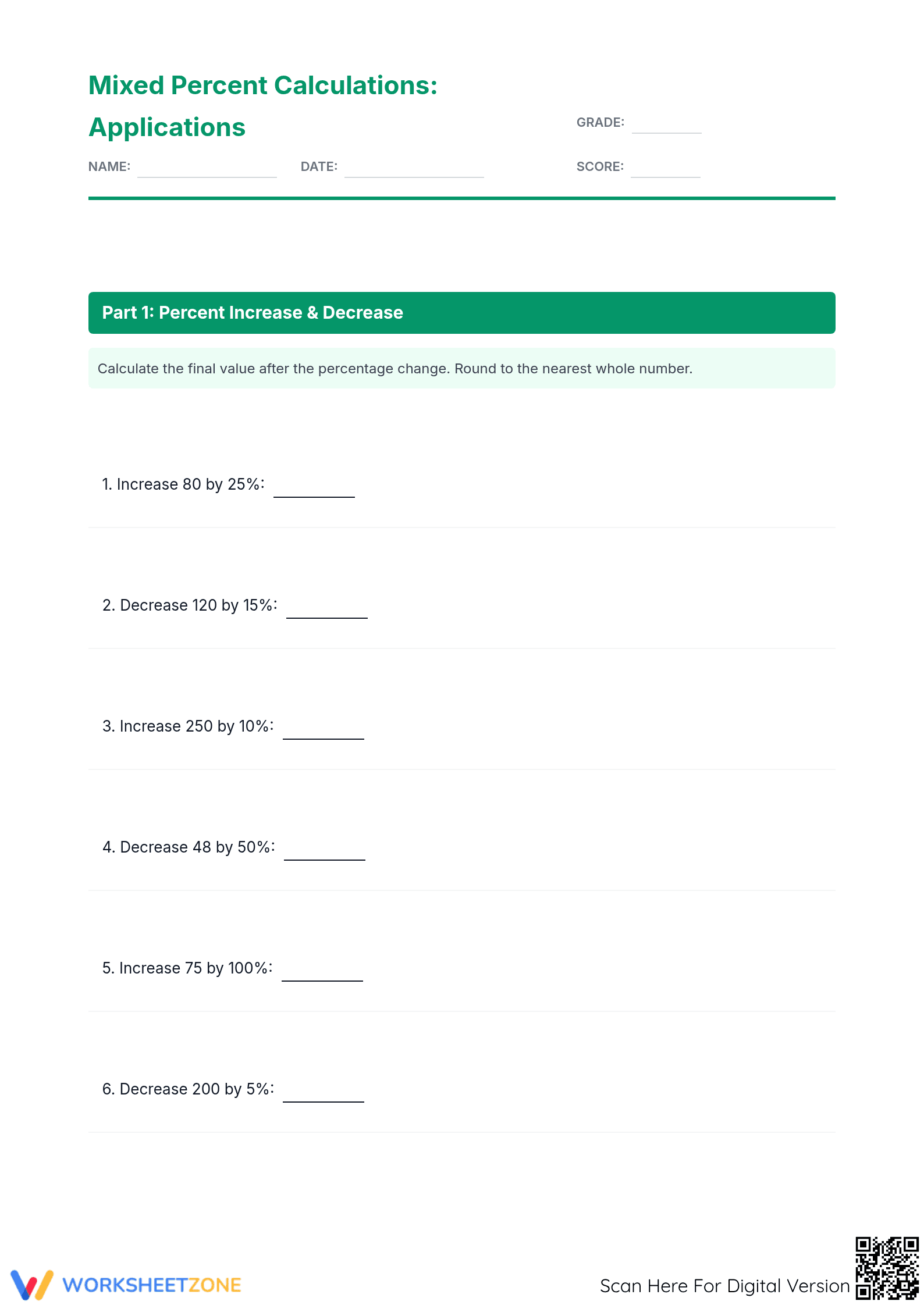 Mixed Percent Calculations: Essential Grade 7 Math Pack - Page 1