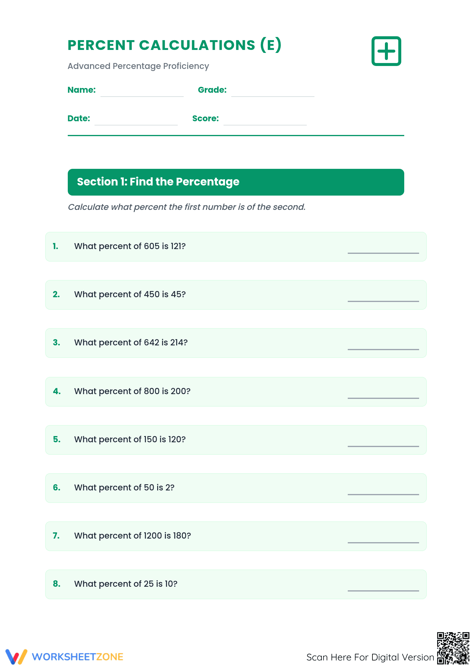 Essential Percent Calculations Worksheet | Grades 6-8 Math - Page 1