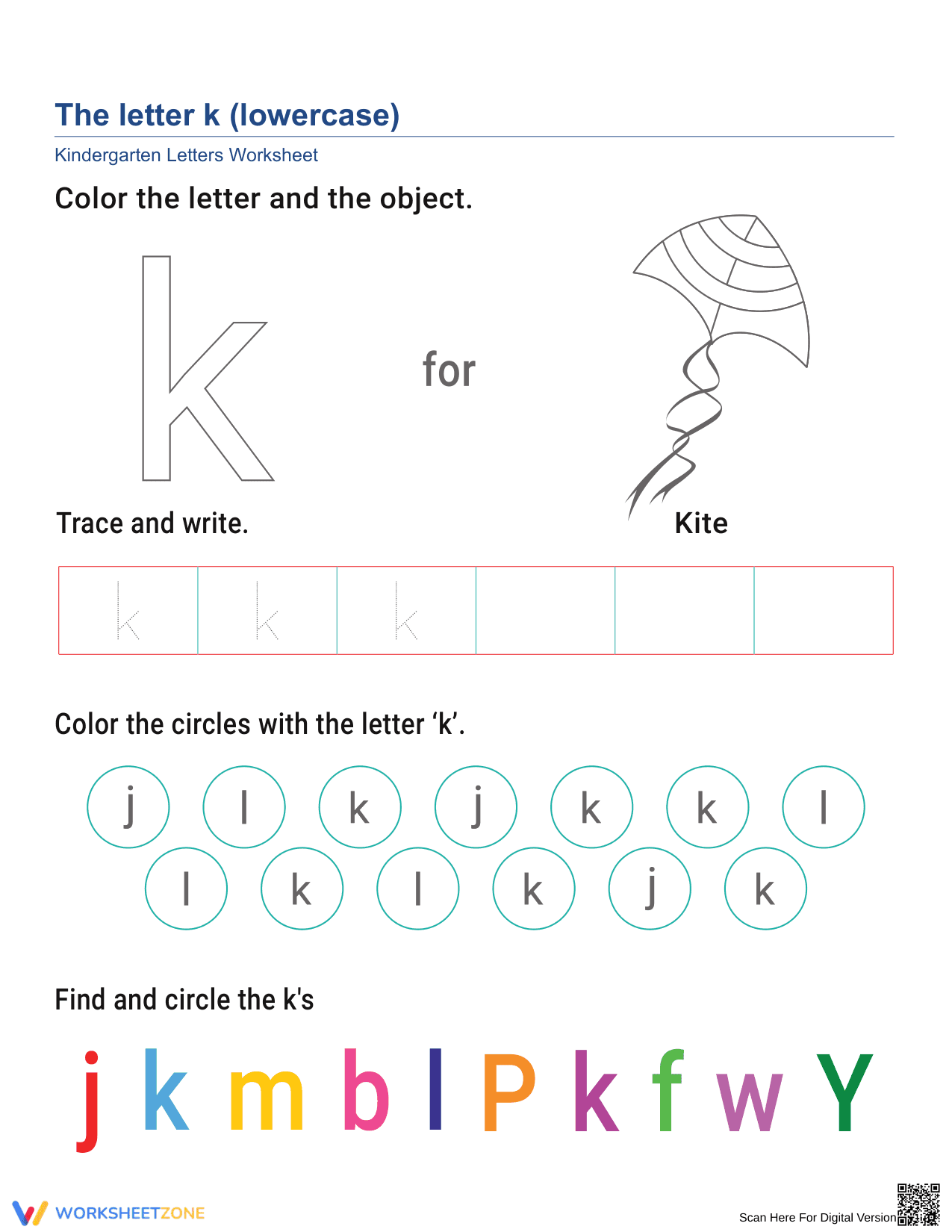 Lowercase Letter K Printable Worksheet | Grade K - Page 1
