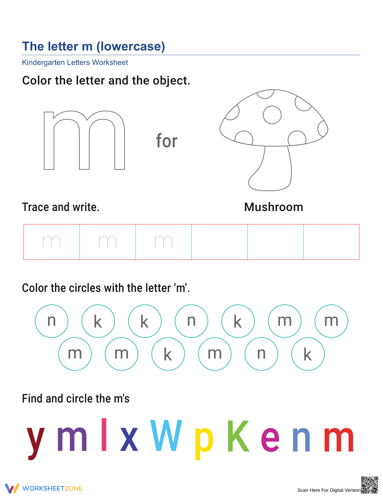 Lowercase Letter M Printable Worksheet | Grade K - Page 1