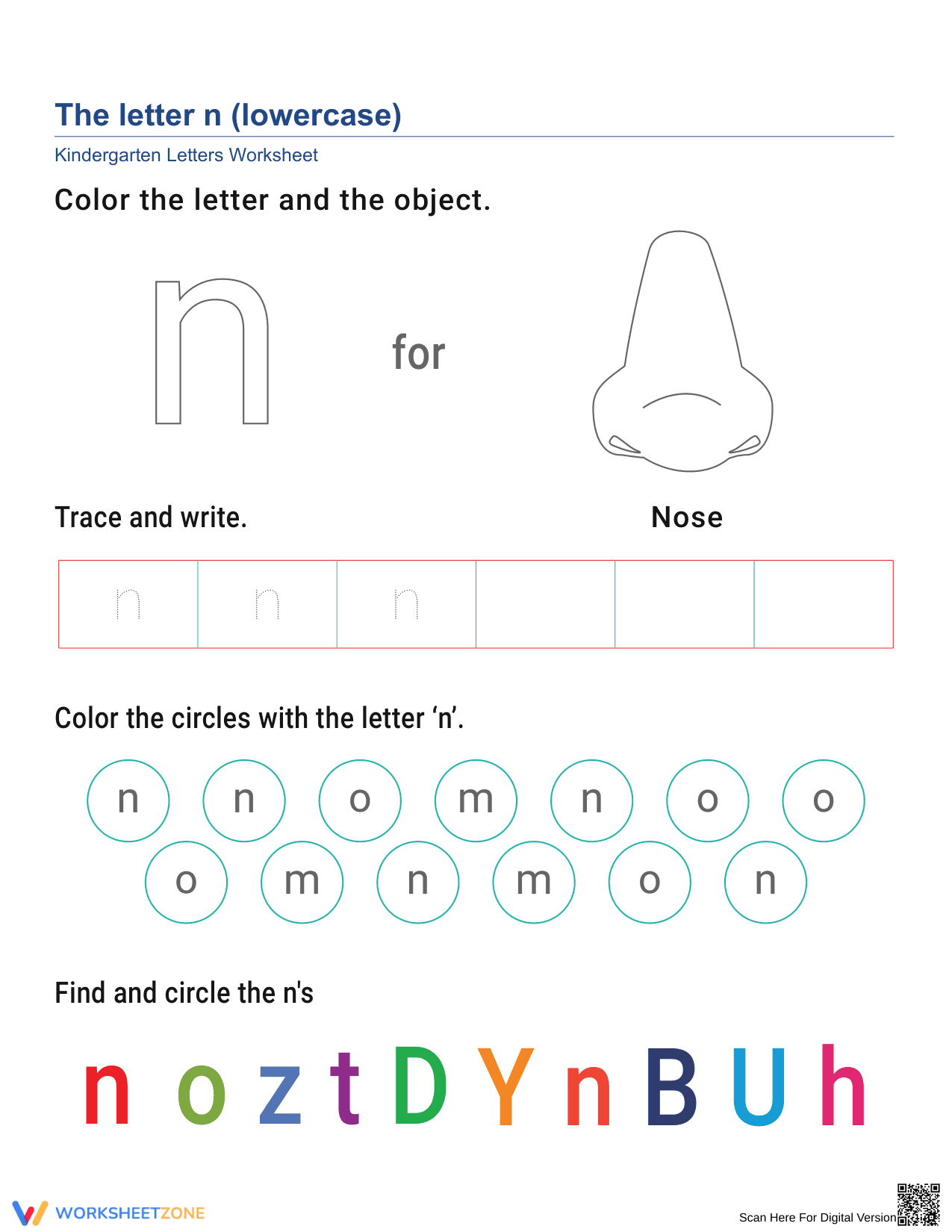 Lowercase Letter n Worksheet — Printable Grade K - Page 1