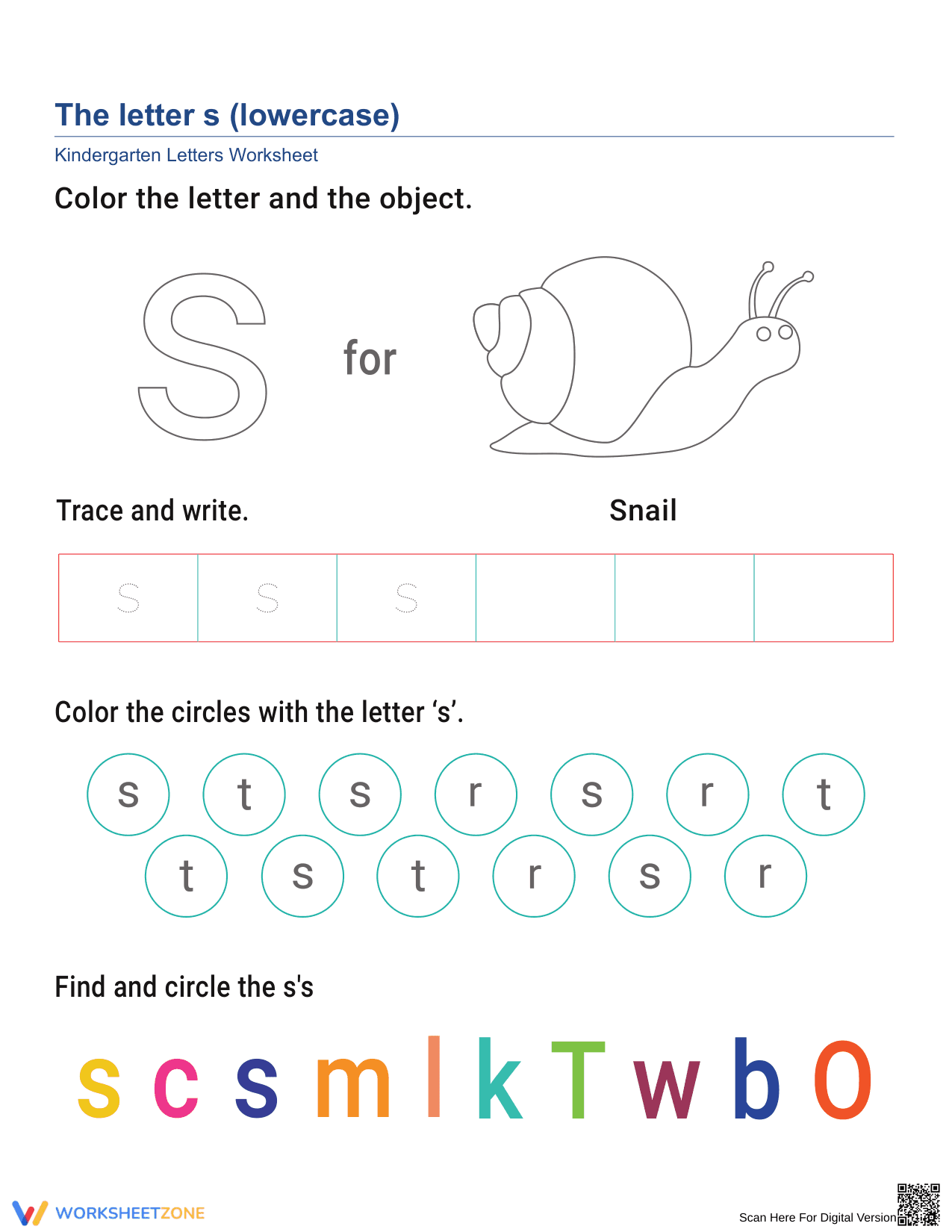 Lowercase Letter s Worksheet | Printable Grade K ELA - Page 1