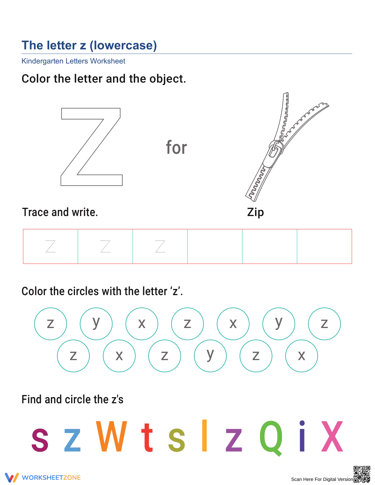 Lowercase Letter z Worksheet | Essential Grade K ELA - Page 1
