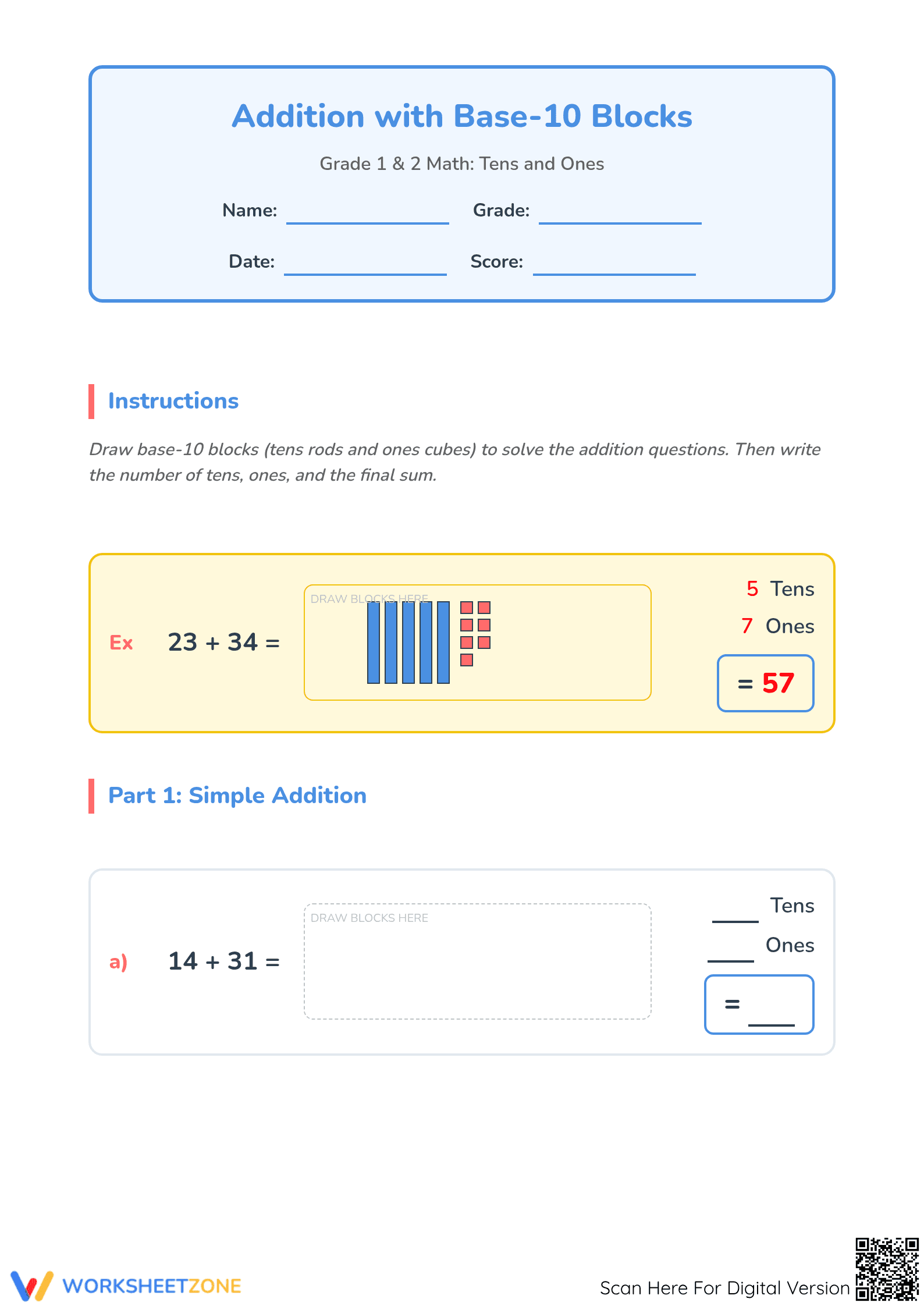 Essential Addition with Base 10 Blocks Worksheet | Grade 1-2 - Page 1