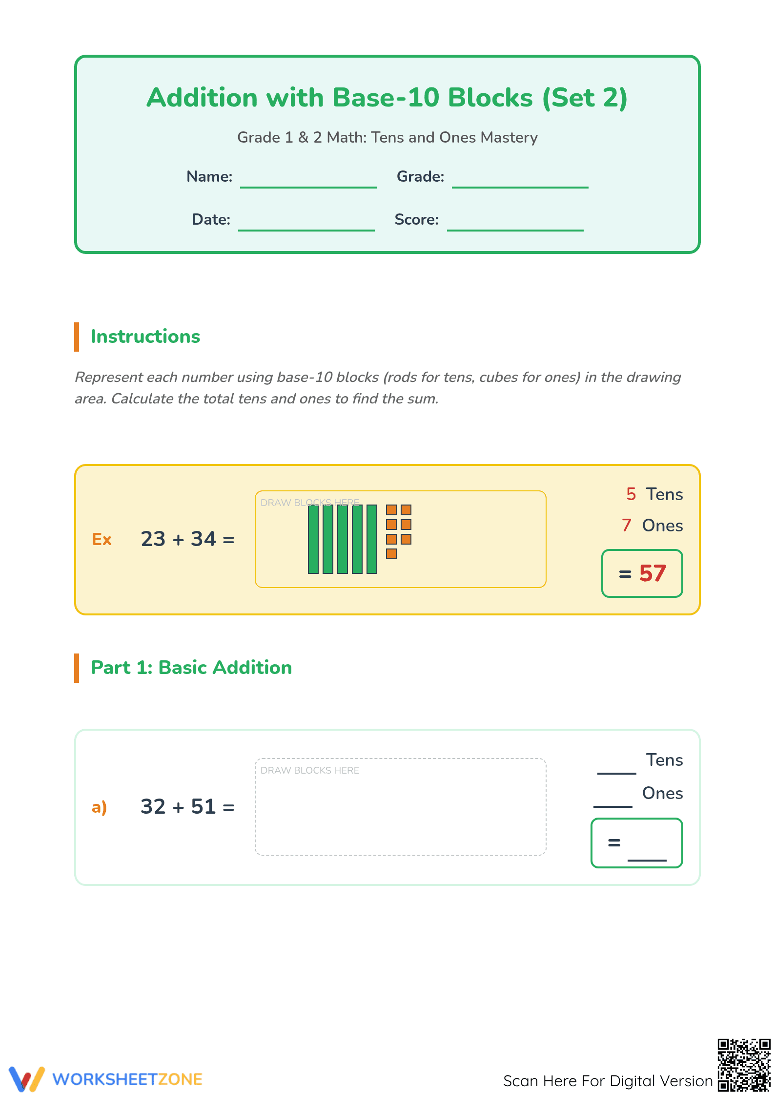 Printable Base-10 Block Addition Worksheet | Grade 1-2 Math - Page 1