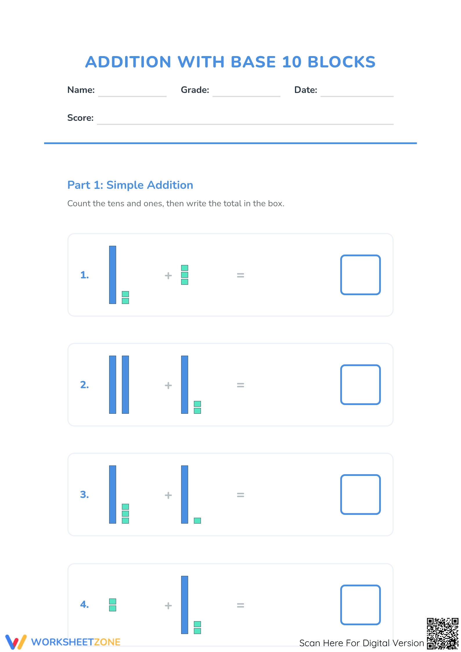 Grade 1-2 Addition with Base 10 Blocks — Printable Worksheet - Page 1