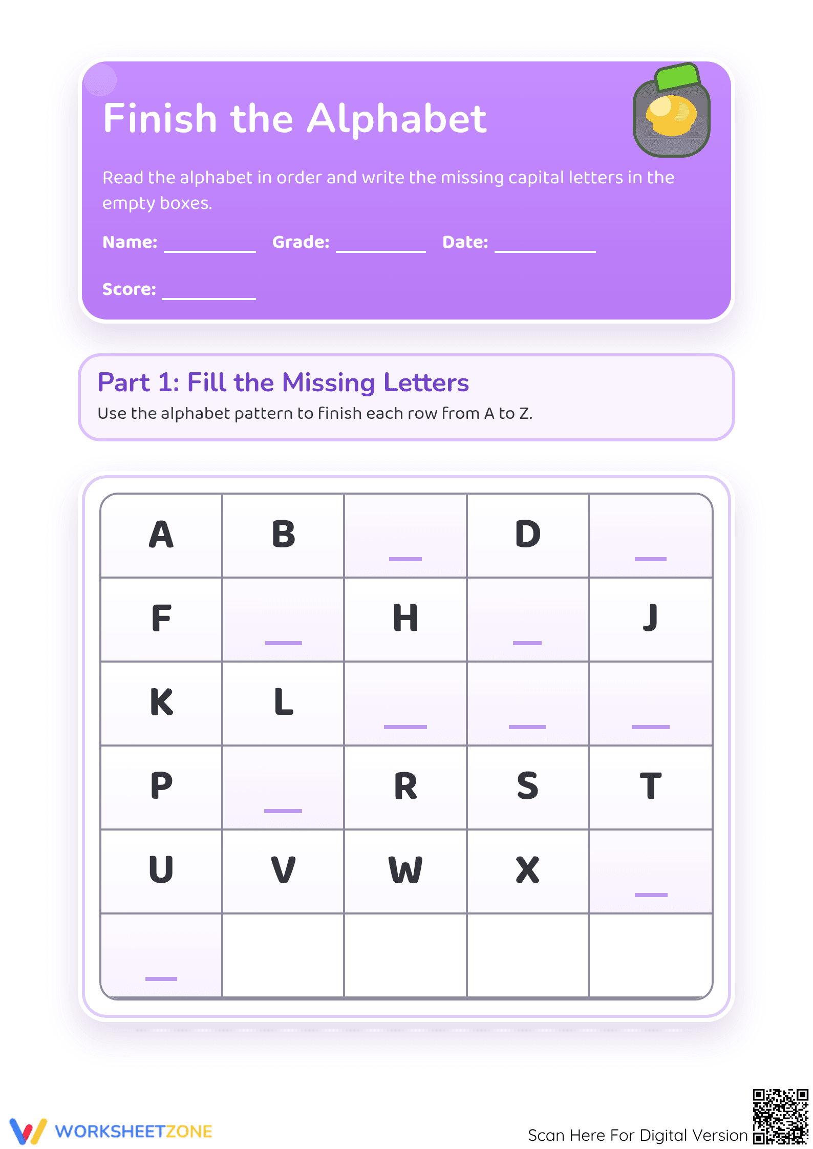 Printable Finish the Alphabet Worksheet | Preschool ELA - Page 1