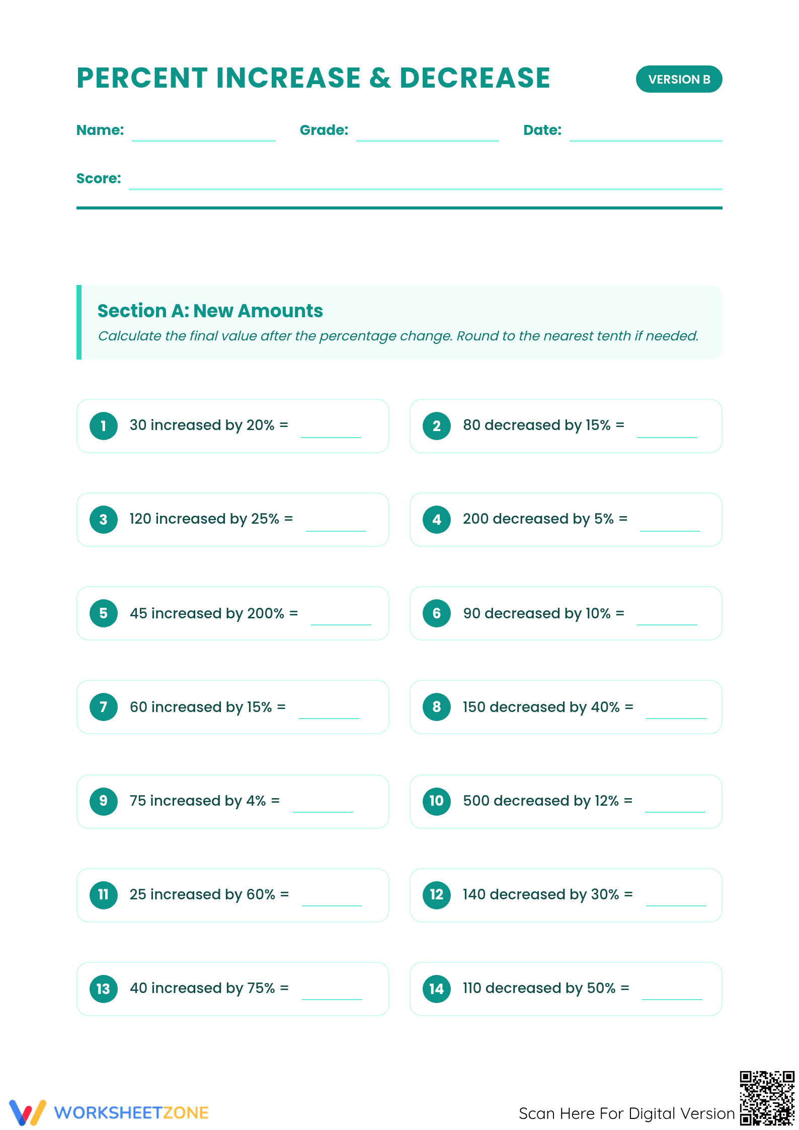 Essential Percent Increase and Decrease Worksheet | Grade 7 - Page 1