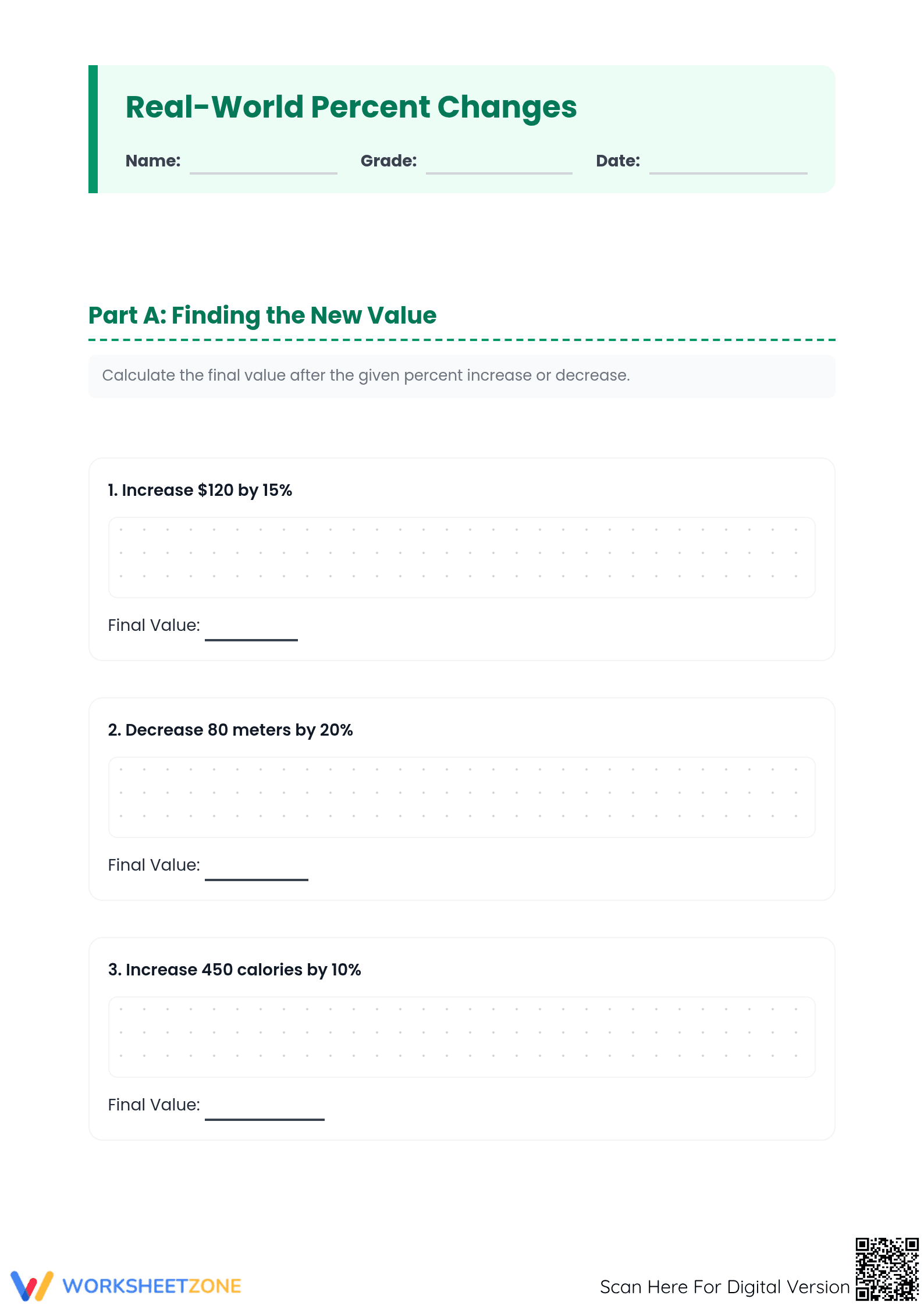 Essential 7.RP.A.3 Worksheet: Real-World Percent Changes - Page 1