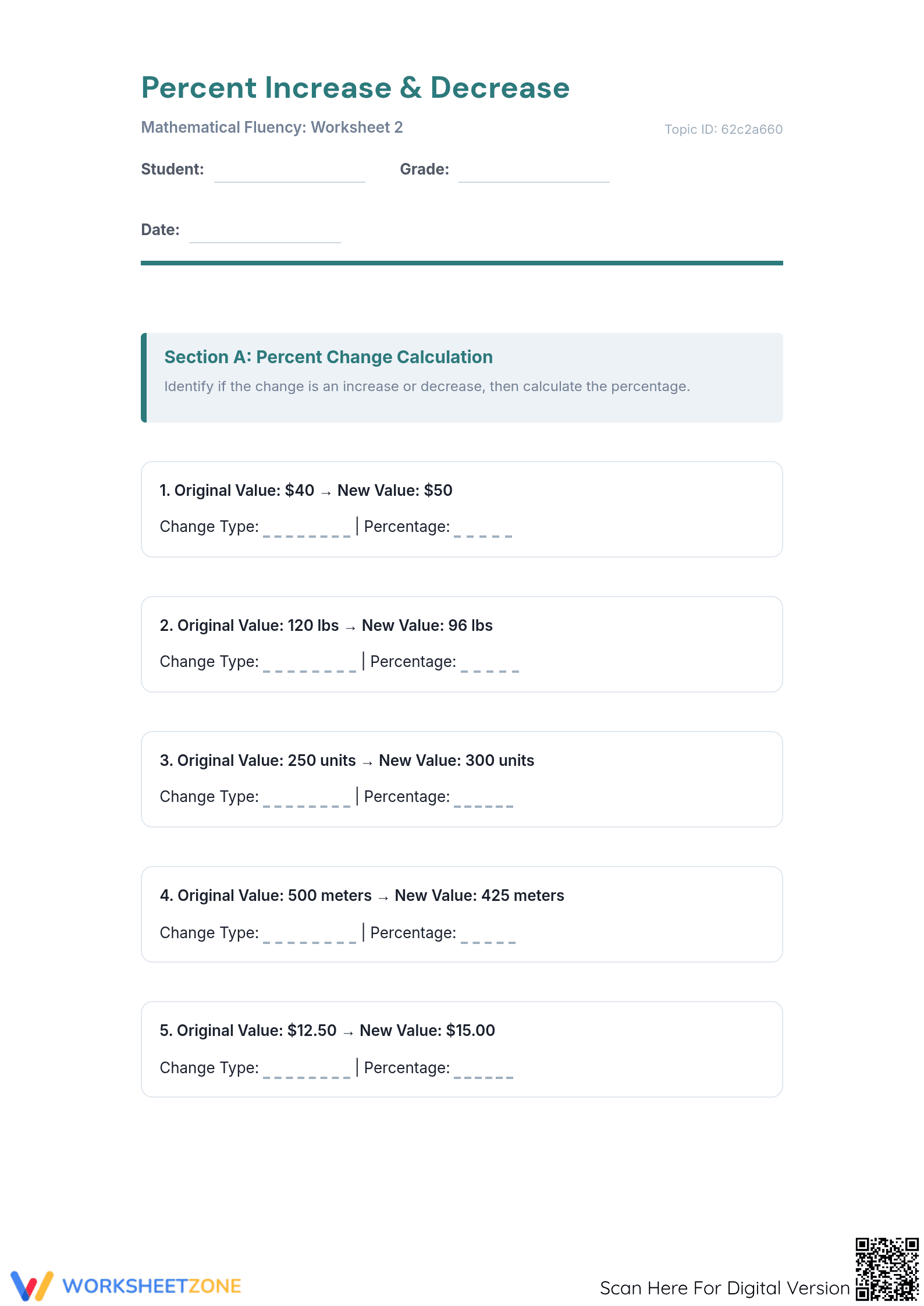 Printable Percent Increase and Decrease Worksheet | Grade 7 - Page 1