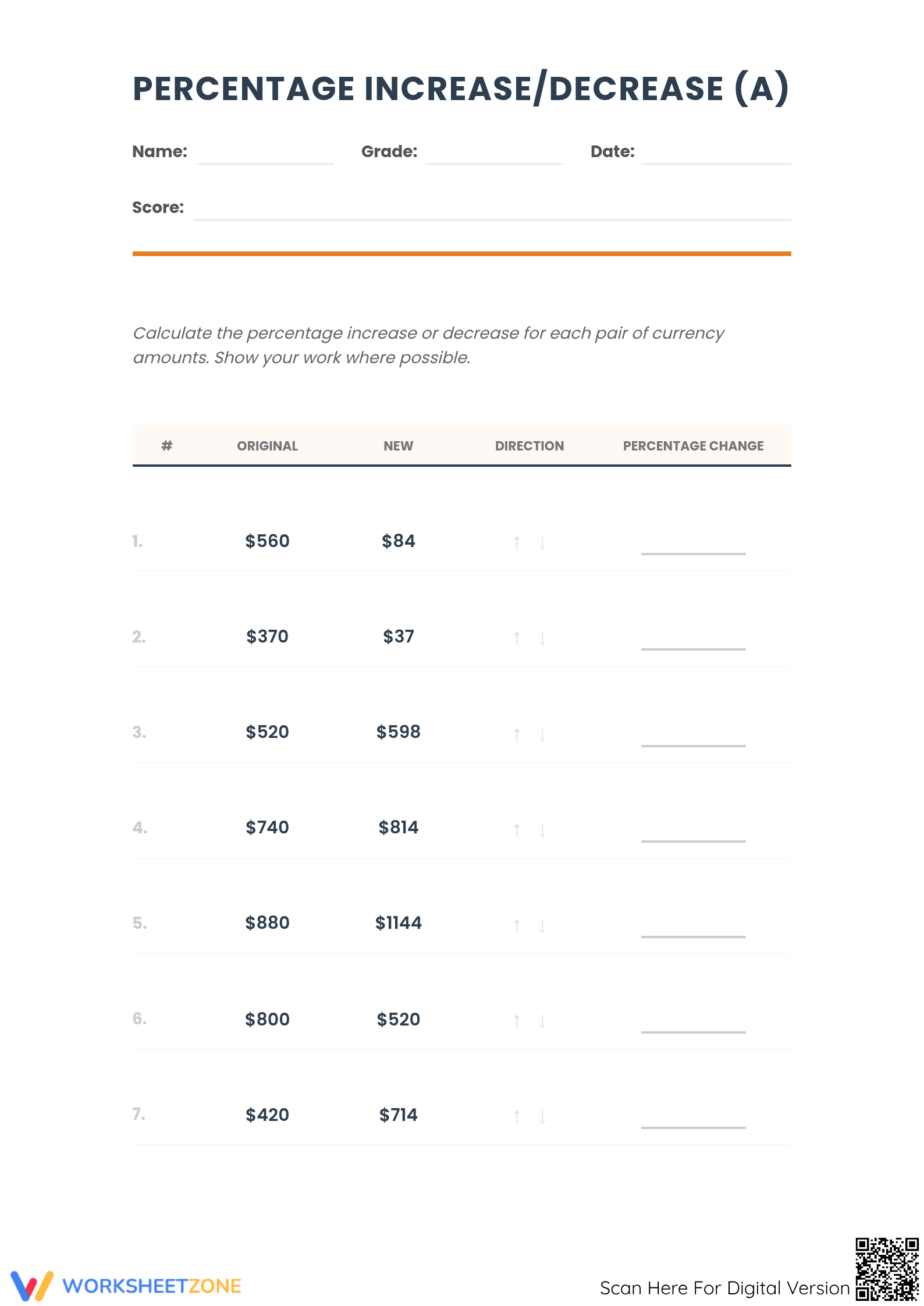 Printable Percent Increase and Decrease Worksheet | Grade 7 - Page 1