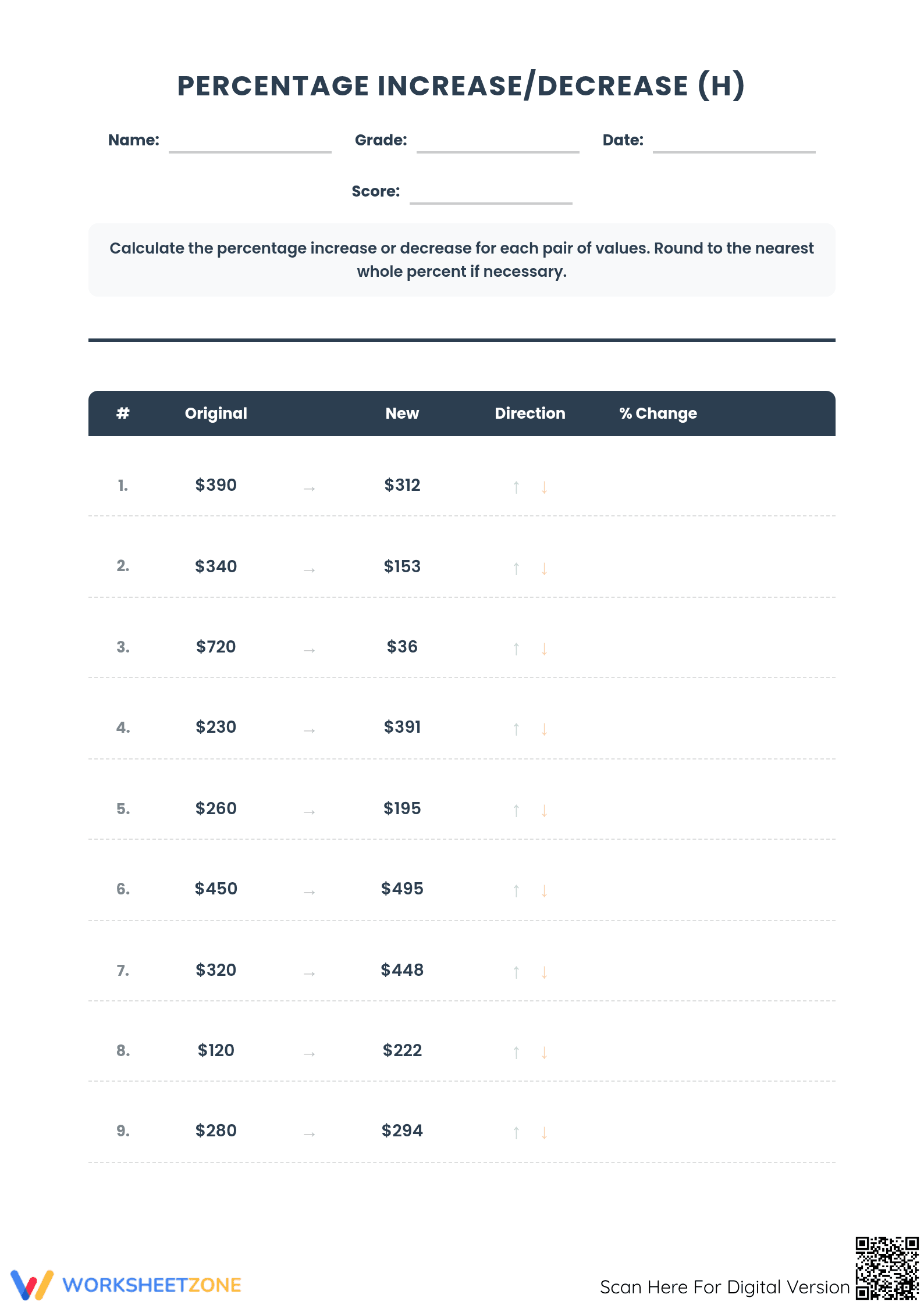 Essential Percent Change Worksheet | Grade 7 Math - Page 1