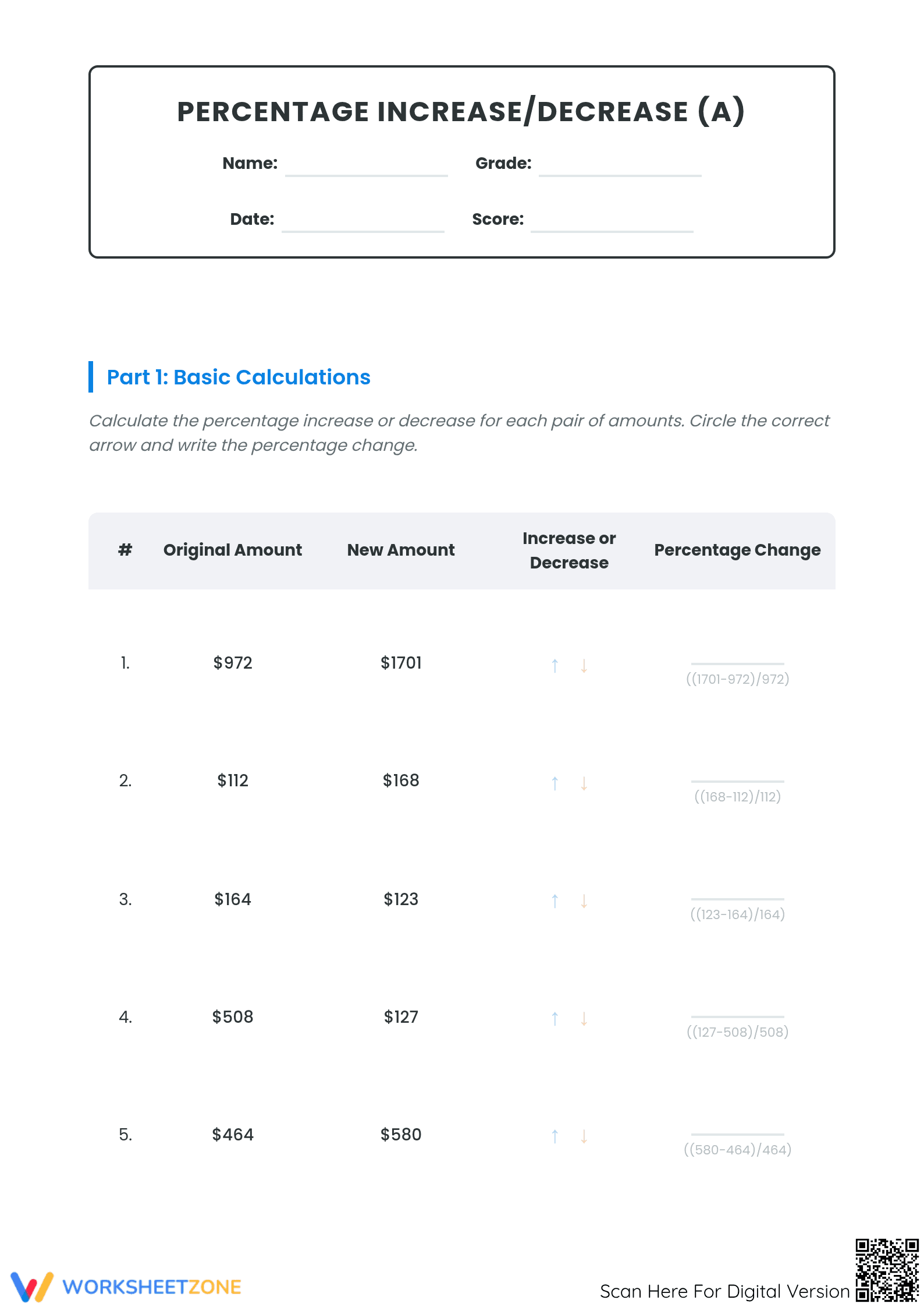 Grade 7 Percent Increase and Decrease — Essential Worksheet - Page 1