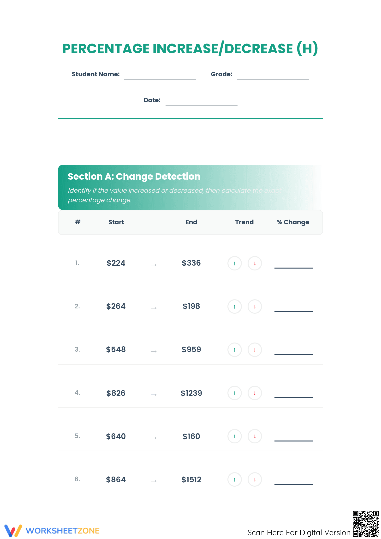 Essential Percent Increase and Decrease Worksheet | Grade 7 - Page 1