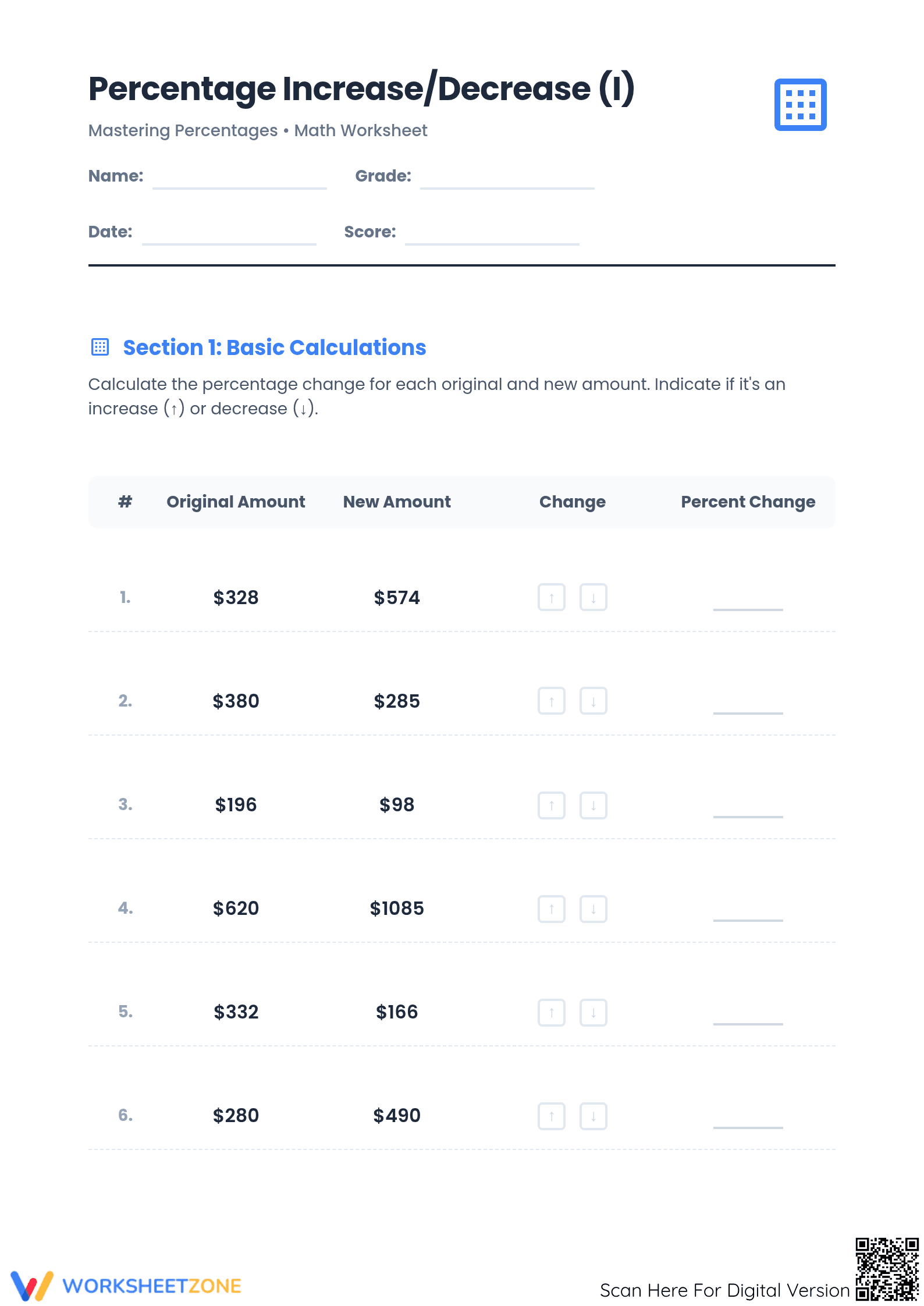 Percent Increase and Decrease Worksheet | Essential Math Grade 7 - Page 1