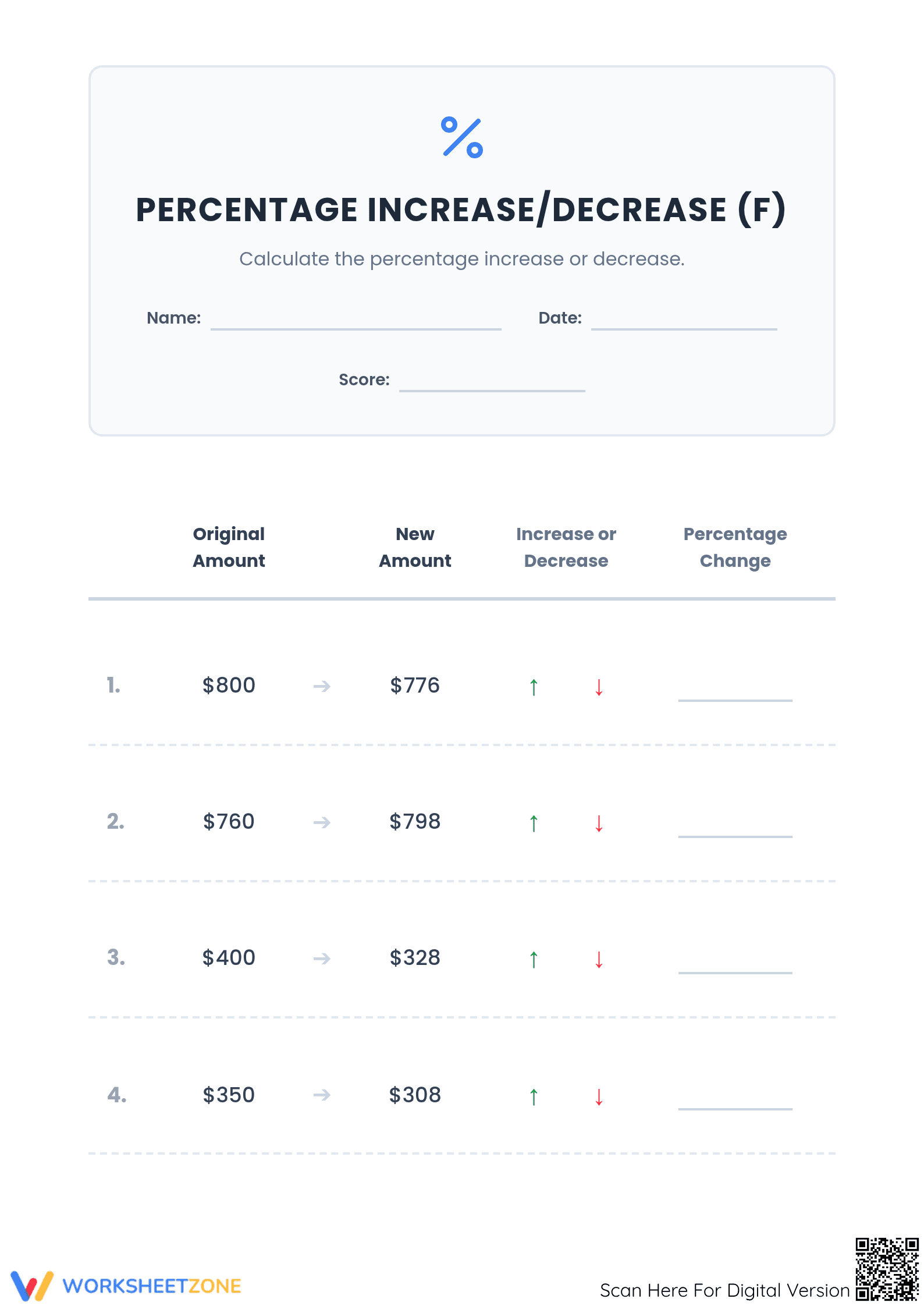 Printable Grade 7 Math Worksheet: Percent Increase & Decrease - Page 1