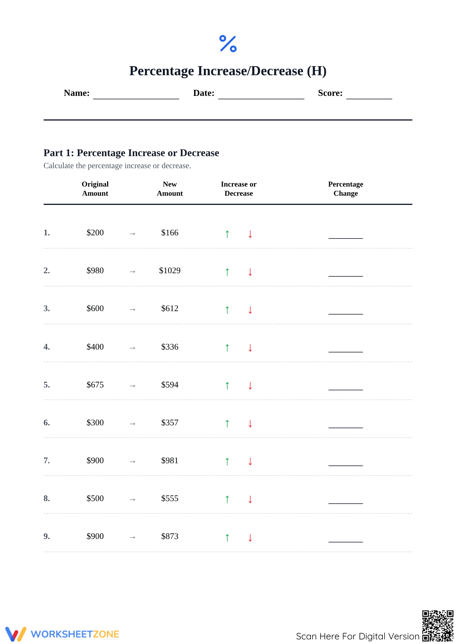 Essential Percent Increase and Decrease Worksheet | Grade 7 - Page 1