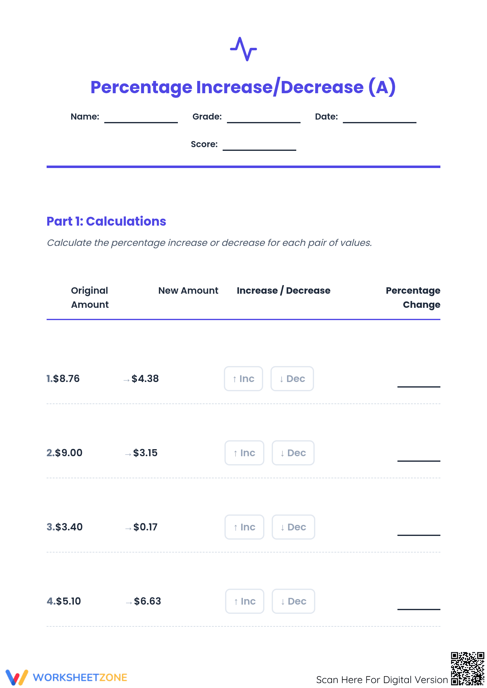 Essential Percent Increase and Decrease Worksheet | Grade 7 - Page 1