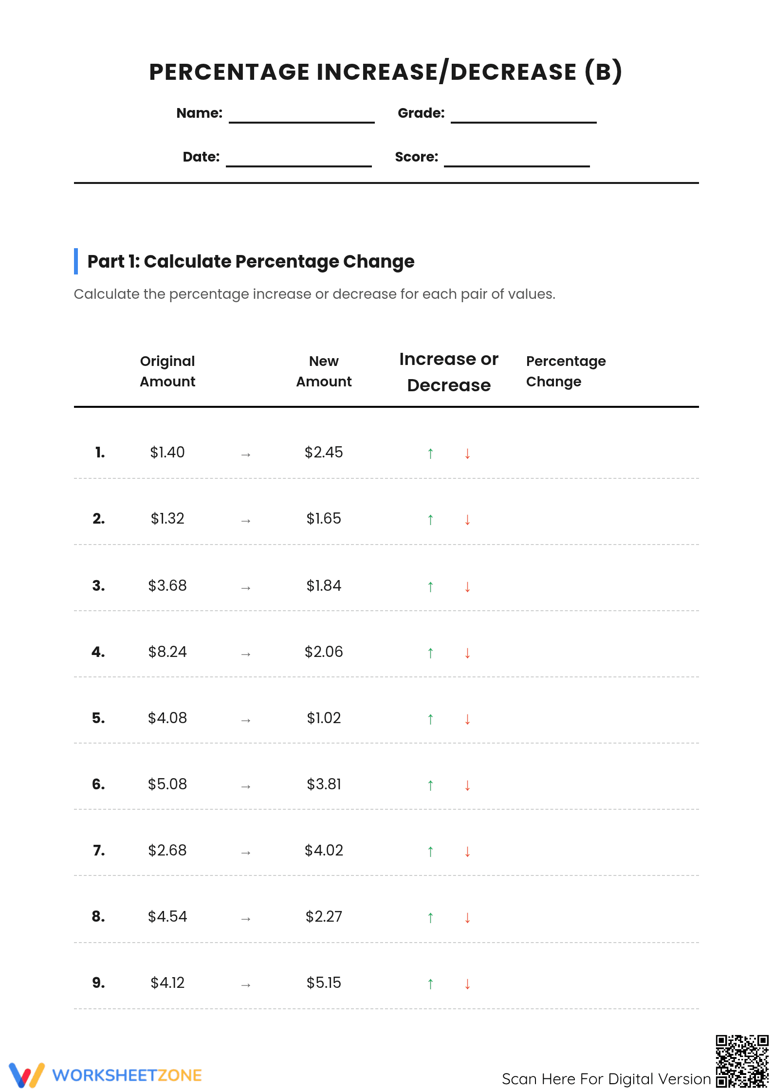 Printable Percent Increase and Decrease Worksheet | Grade 7 - Page 1