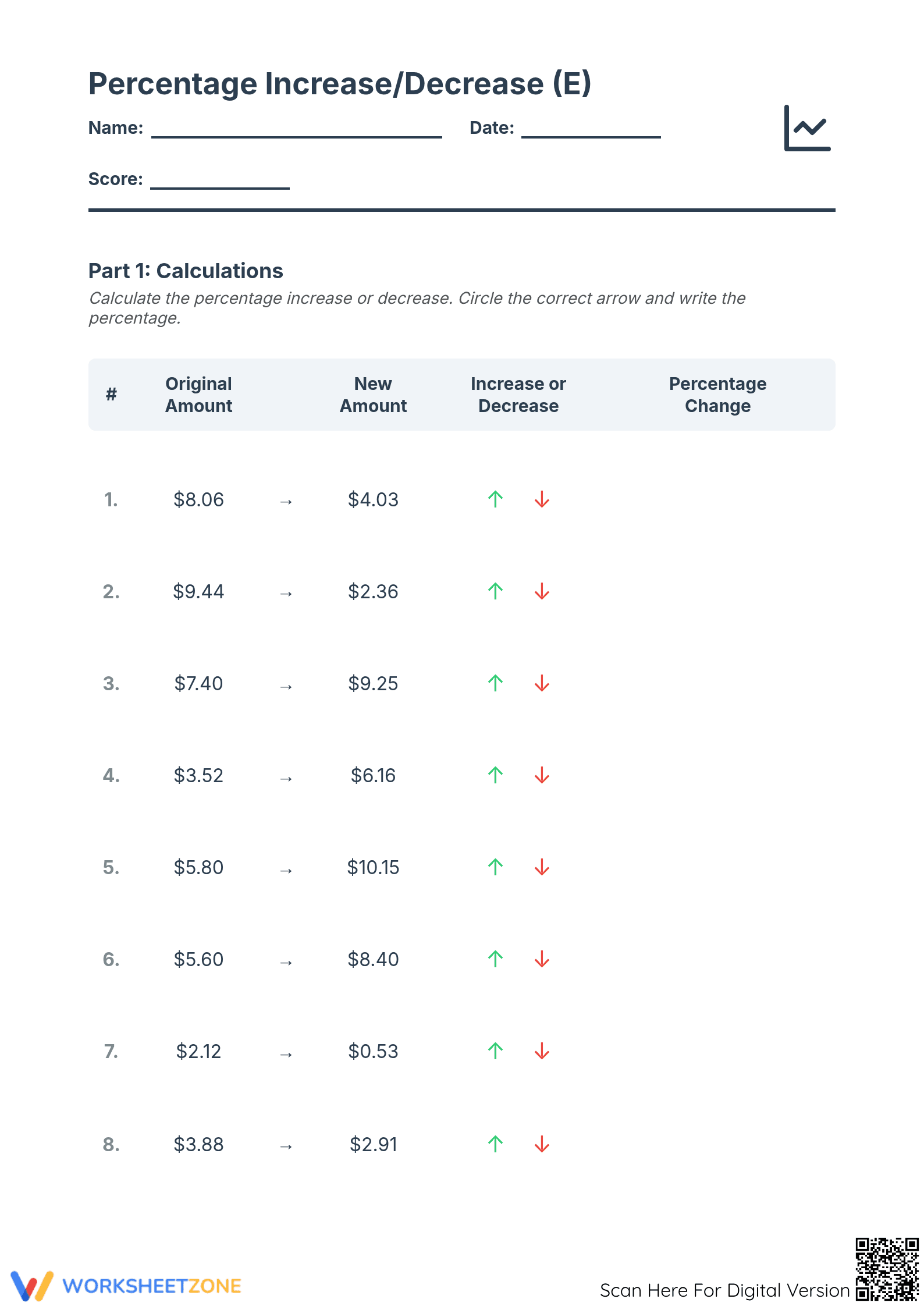 Printable Grade 7 Percent Increase and Decrease Worksheet - Page 1